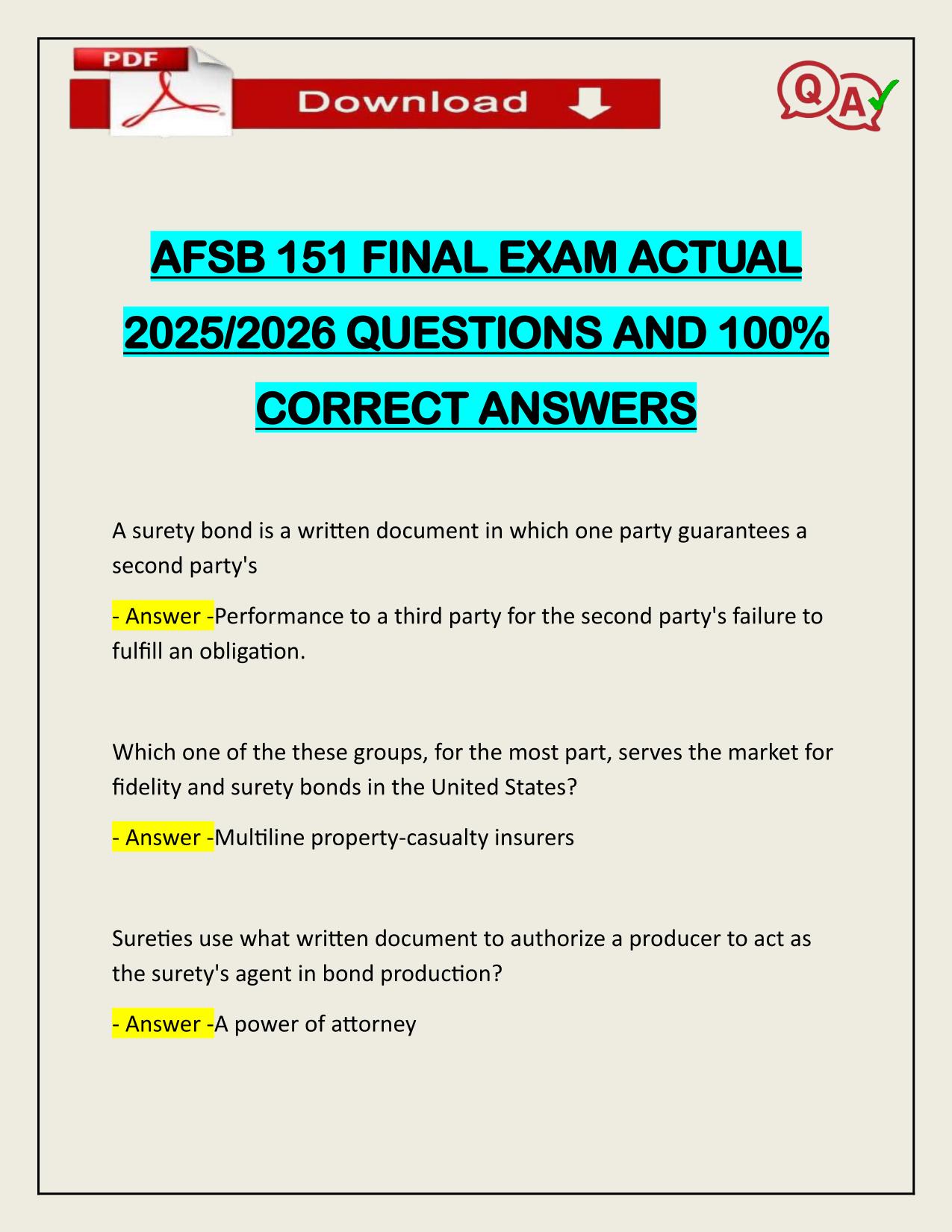 AFSB 151 FINAL EXAM ACTUAL 2025/2026 WITH VERIFIED SOLUTIONS