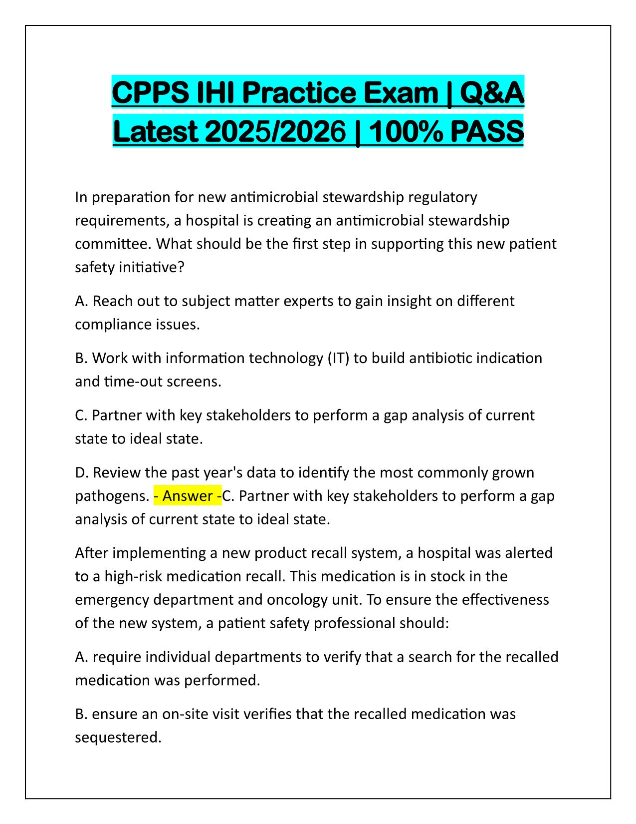CPPS IHI Practice Exam Correctly Answered Latest