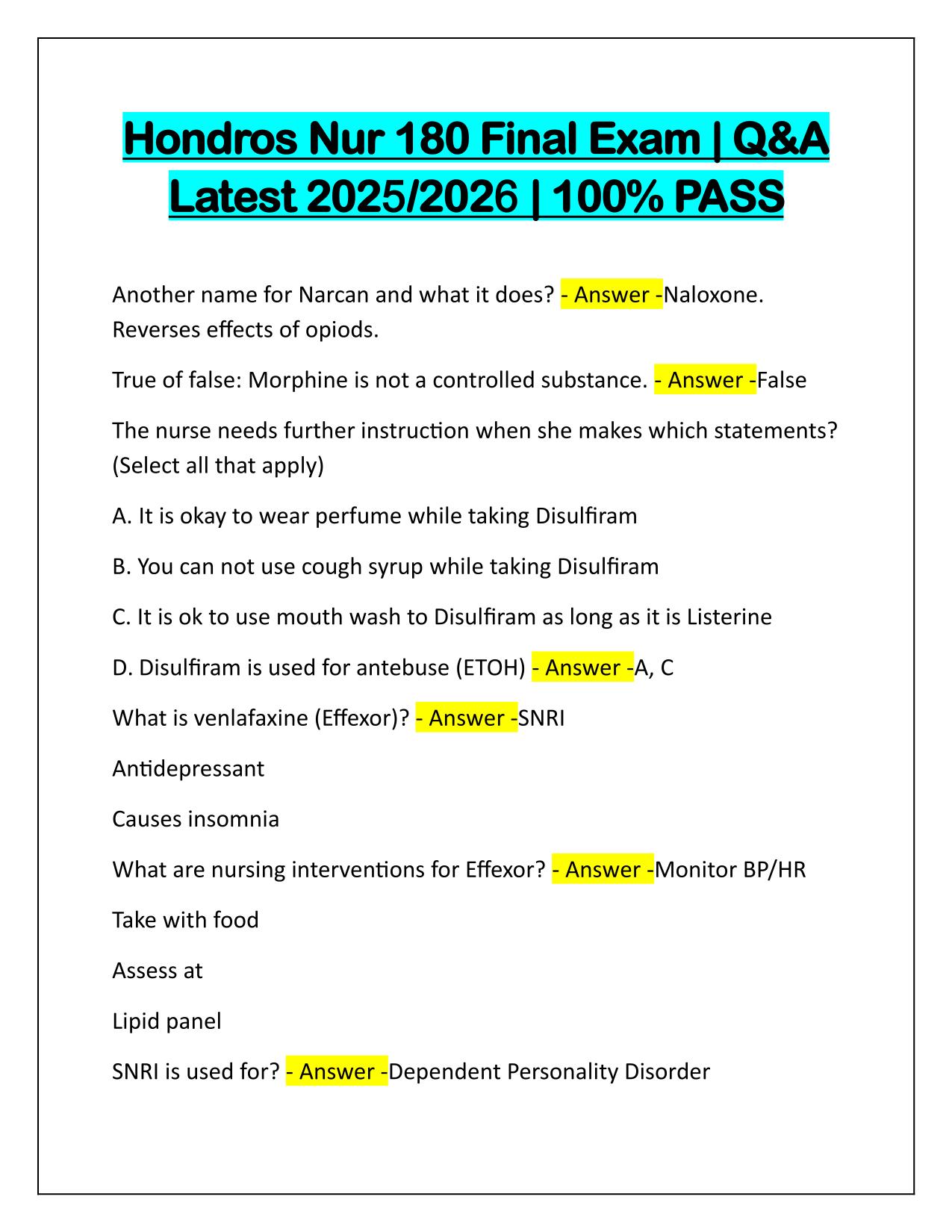 Hondros Nur 180 Final Exam Q&A Latest Update 2025 Update