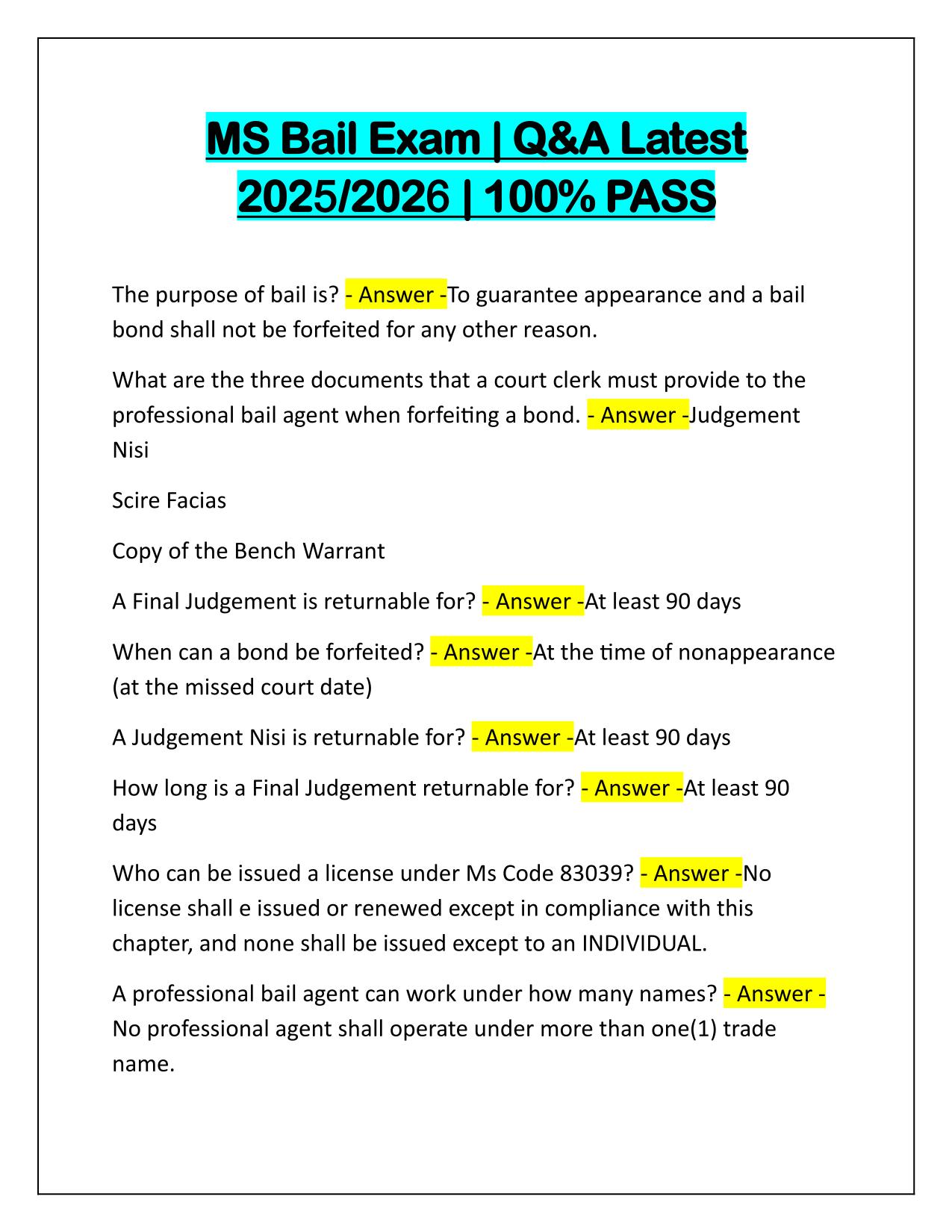 MS Bail Exam Questions Correctly Answered 2025 Update