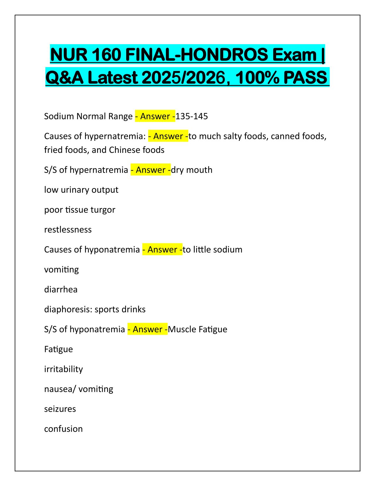 NUR 160 FINAL-HONDROS Exam Correctly Answered Latest Update 2025-2026