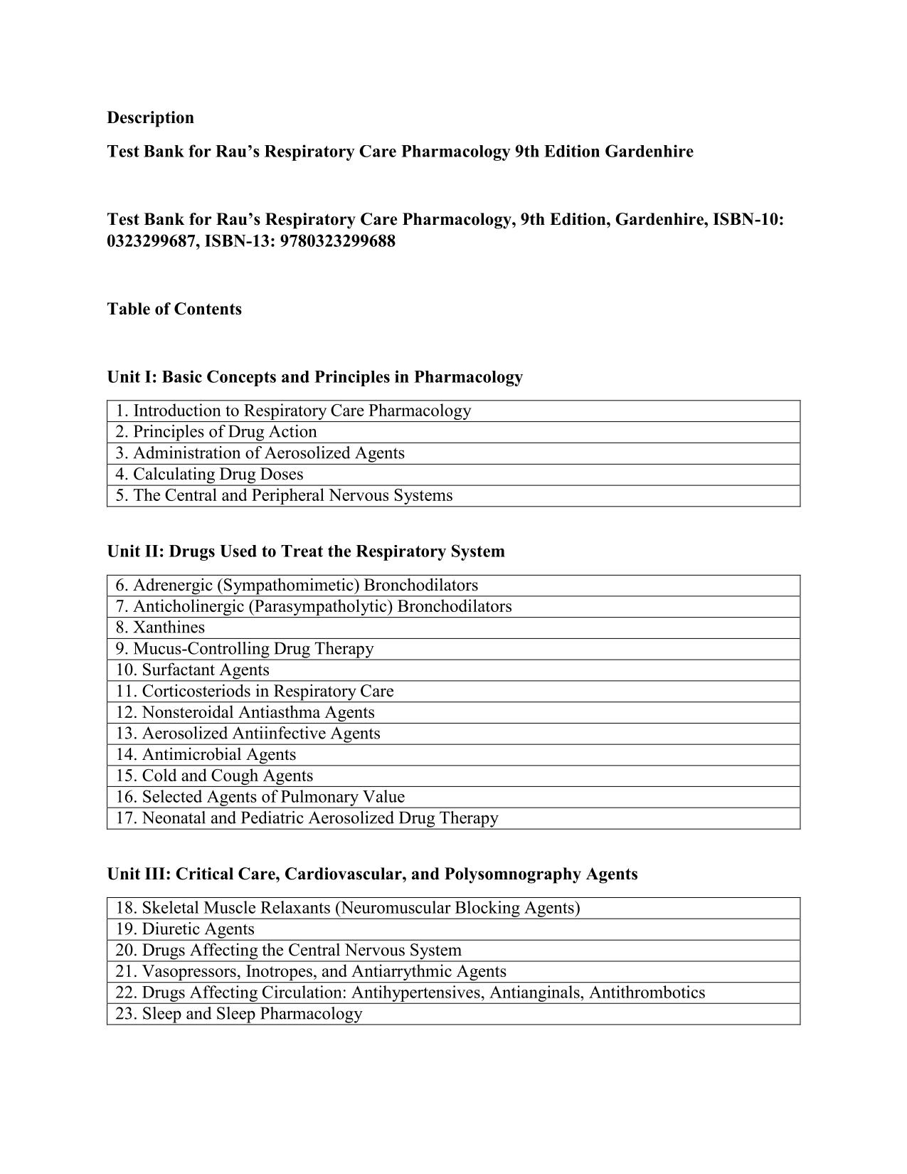 Test Bank for Rau’s Respiratory Care Pharmacology 10th Edition by Douglas Gardenhire, All 23 Chapters Latest Update 2025 ISBN: 9780323594660