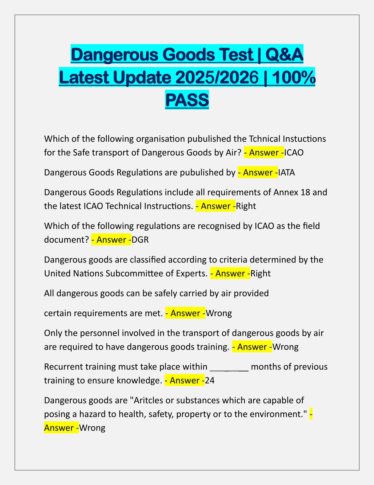 Dangerous Goods TEST Q&A Latest Update