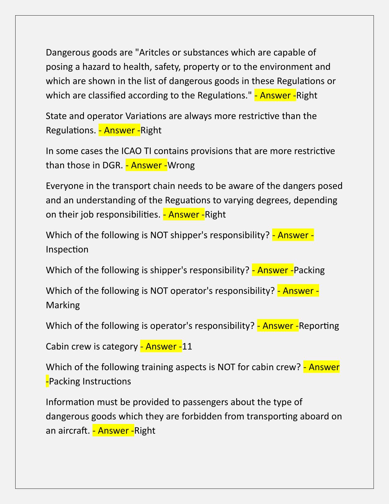 Dangerous Goods TEST Q&A Latest Update