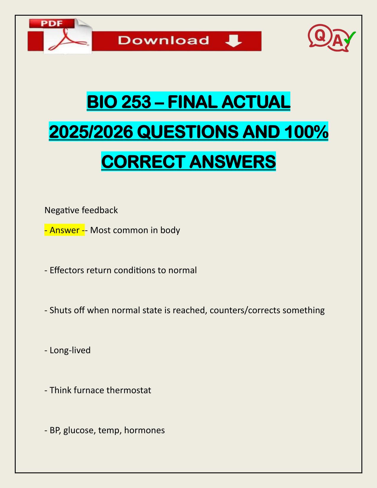 BIO 253 – FINAL ACTUAL 2025/2026 QUESTIONS AND 100% CORRECT ANSWERS