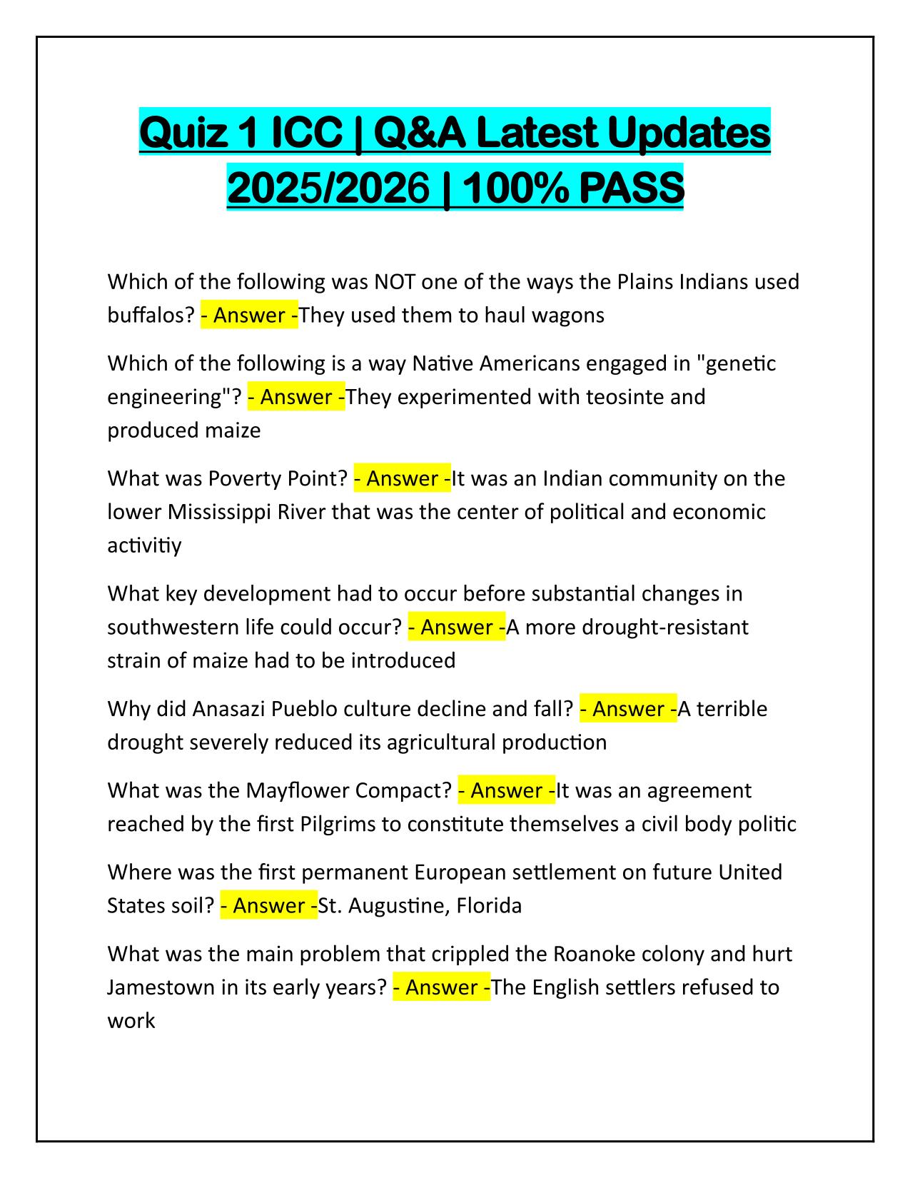 Quiz 1 ICC Questions and Verified Answers Latest Update 100% PASS