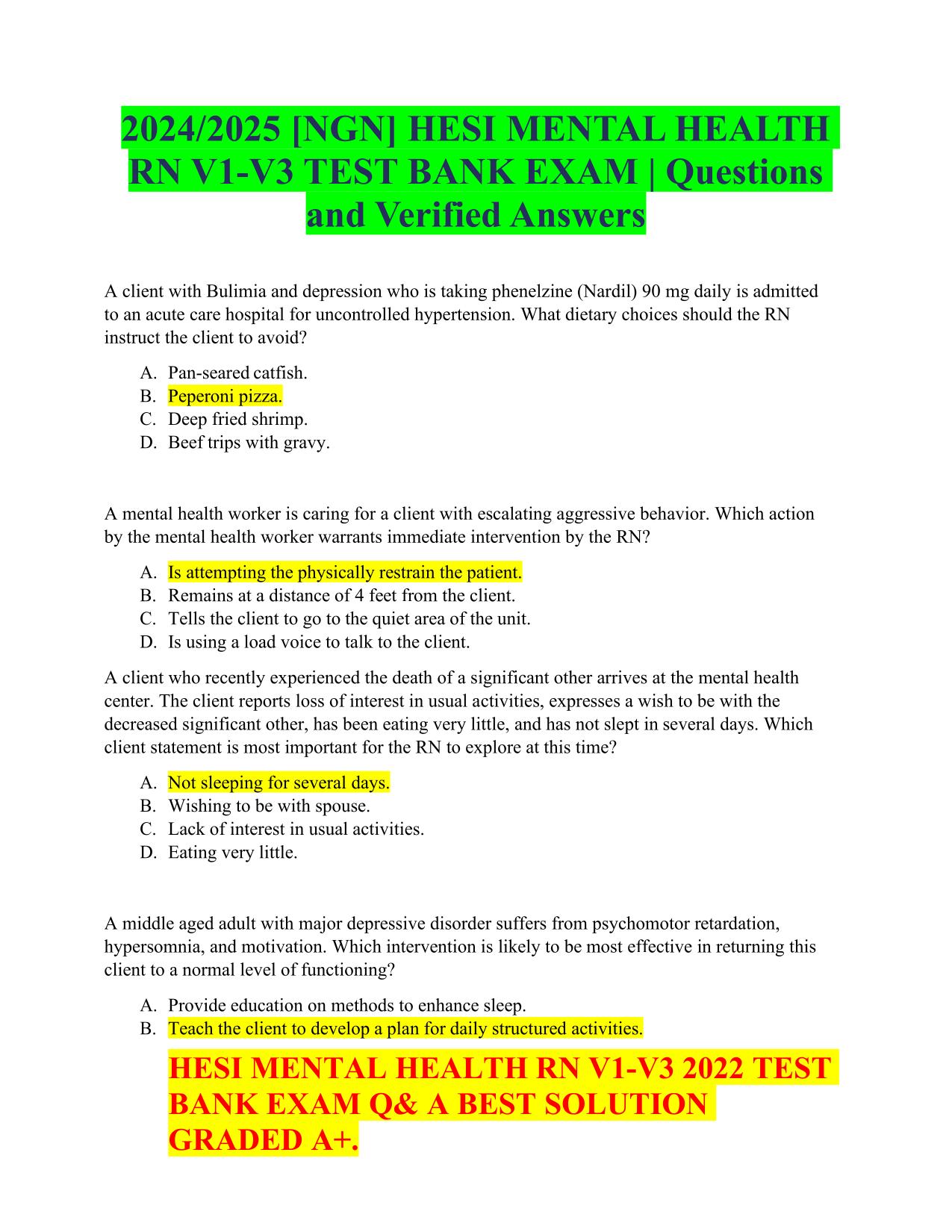2025/2026 [NGN] HESI MENTAL HEALTH RN V1-V3 TEST BANK EXAM Questions and Verified Answers PDF Download