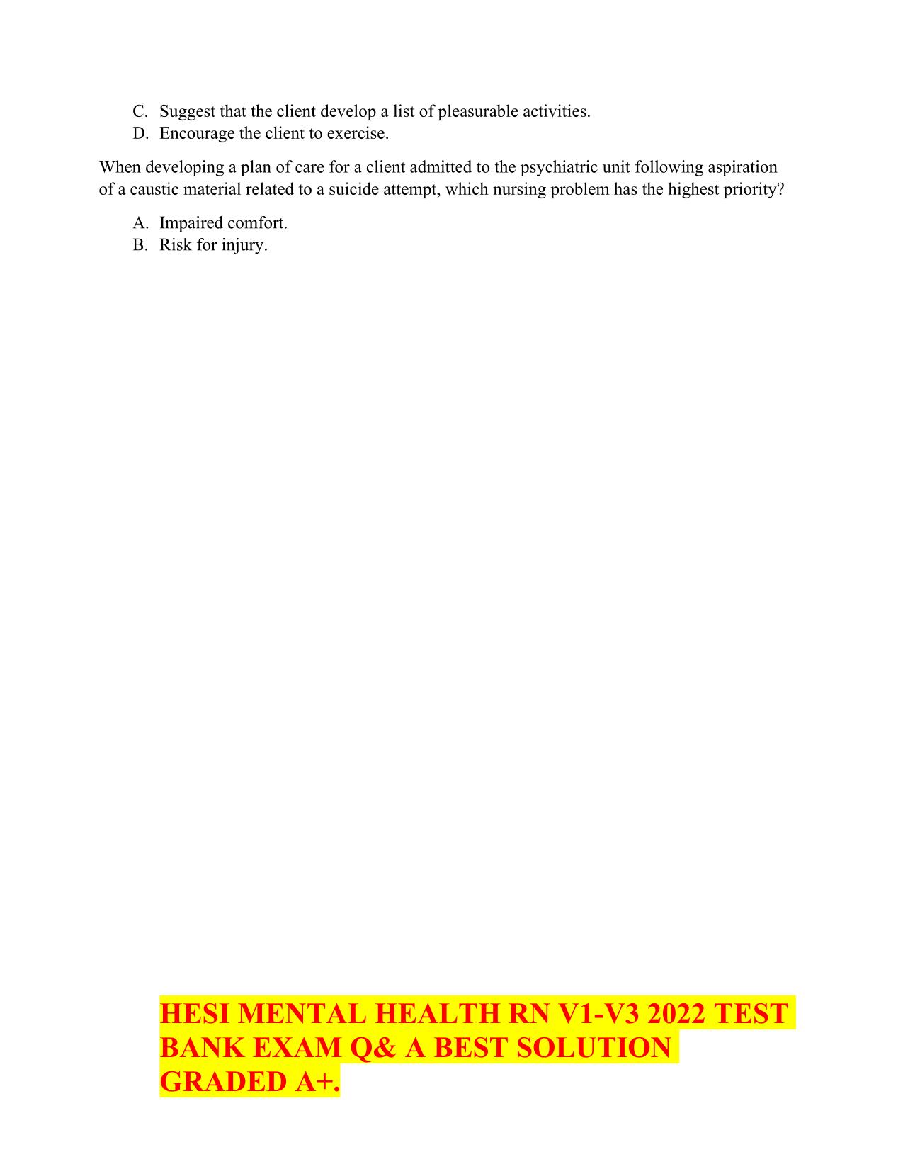 2025/2026 [NGN] HESI MENTAL HEALTH RN V1-V3 TEST BANK EXAM Questions and Verified Answers PDF Download