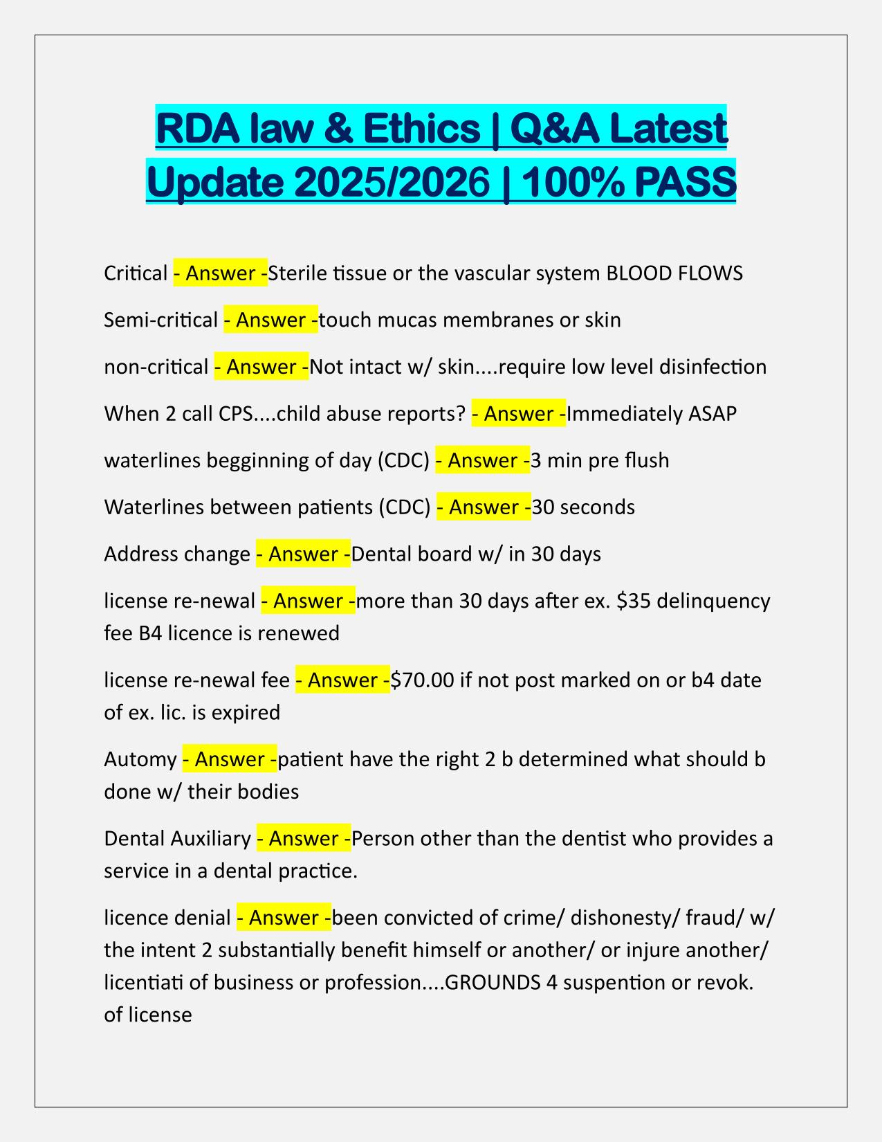 RDA law and Ethics Q&A Latest Update