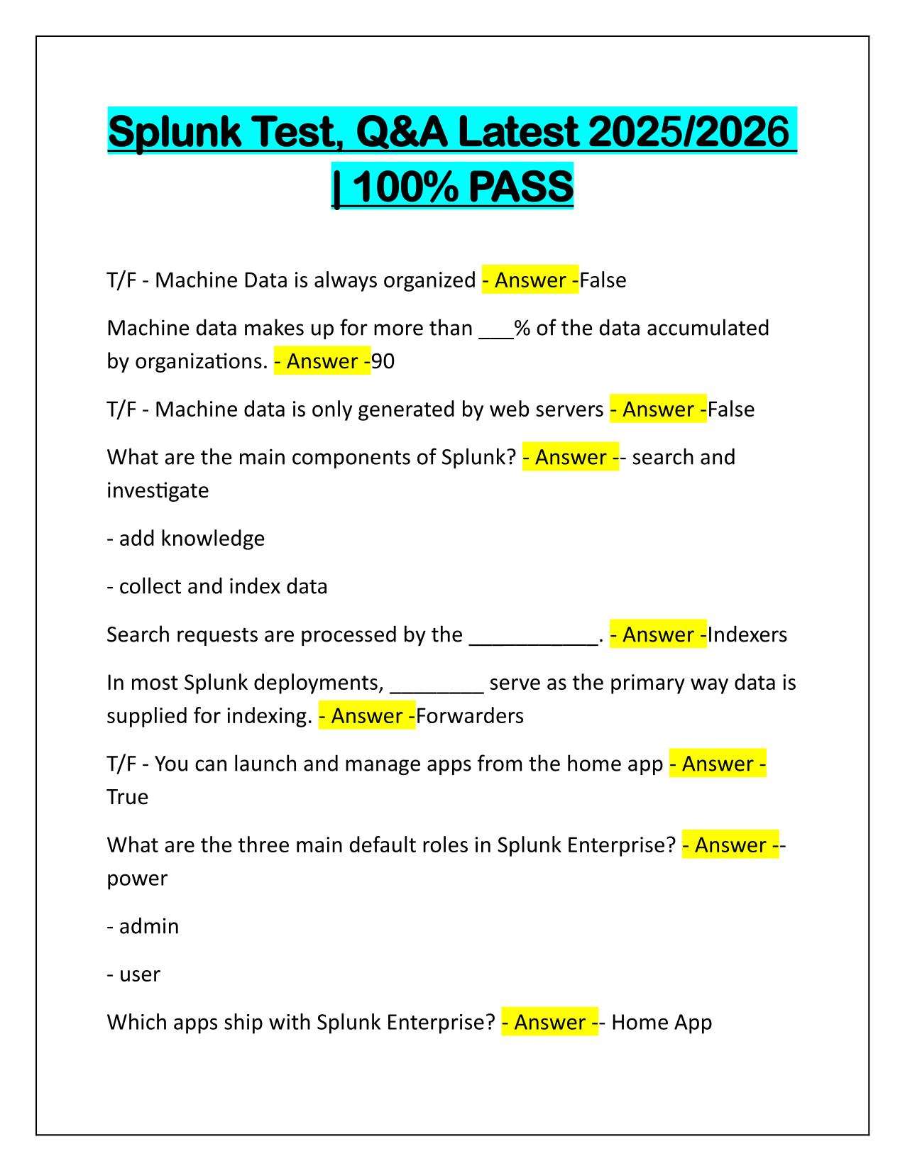 Splunk Test Questions and Verified Answers 2025 Update