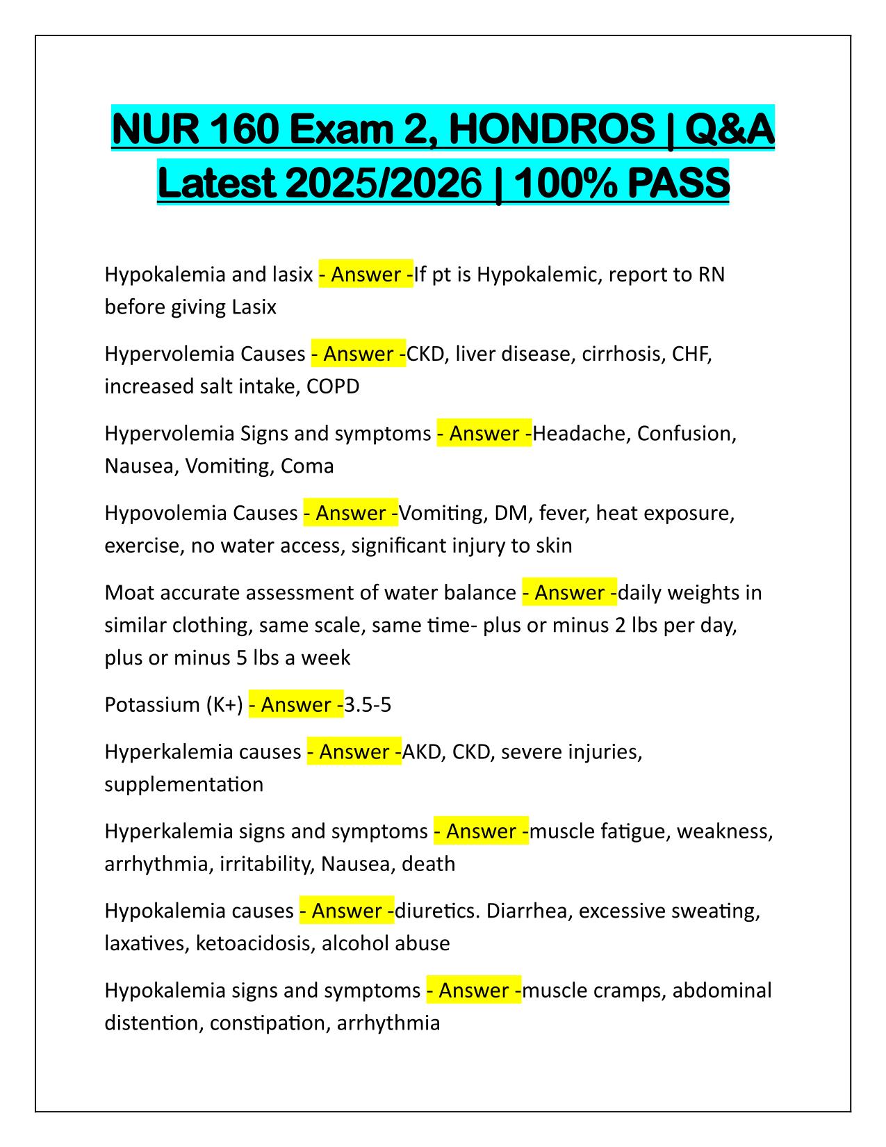 Package Deal for Hondros NURS 160 Exams Questions and Verified Answers 2025-2026 Update