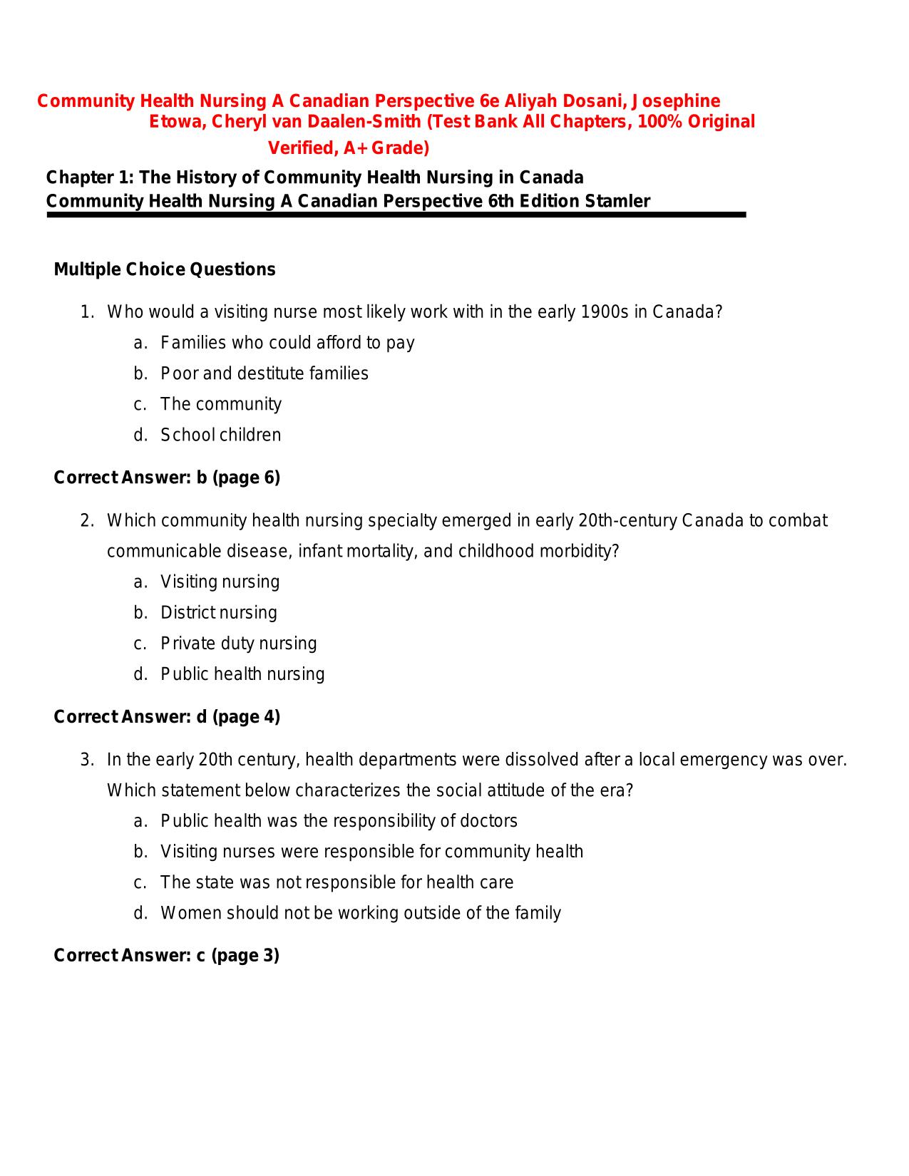 Test Bank For Community Health Nursing: A Canadian Perspective 6th Edition ISBN: 9780137959921 ALL CHAPTERS