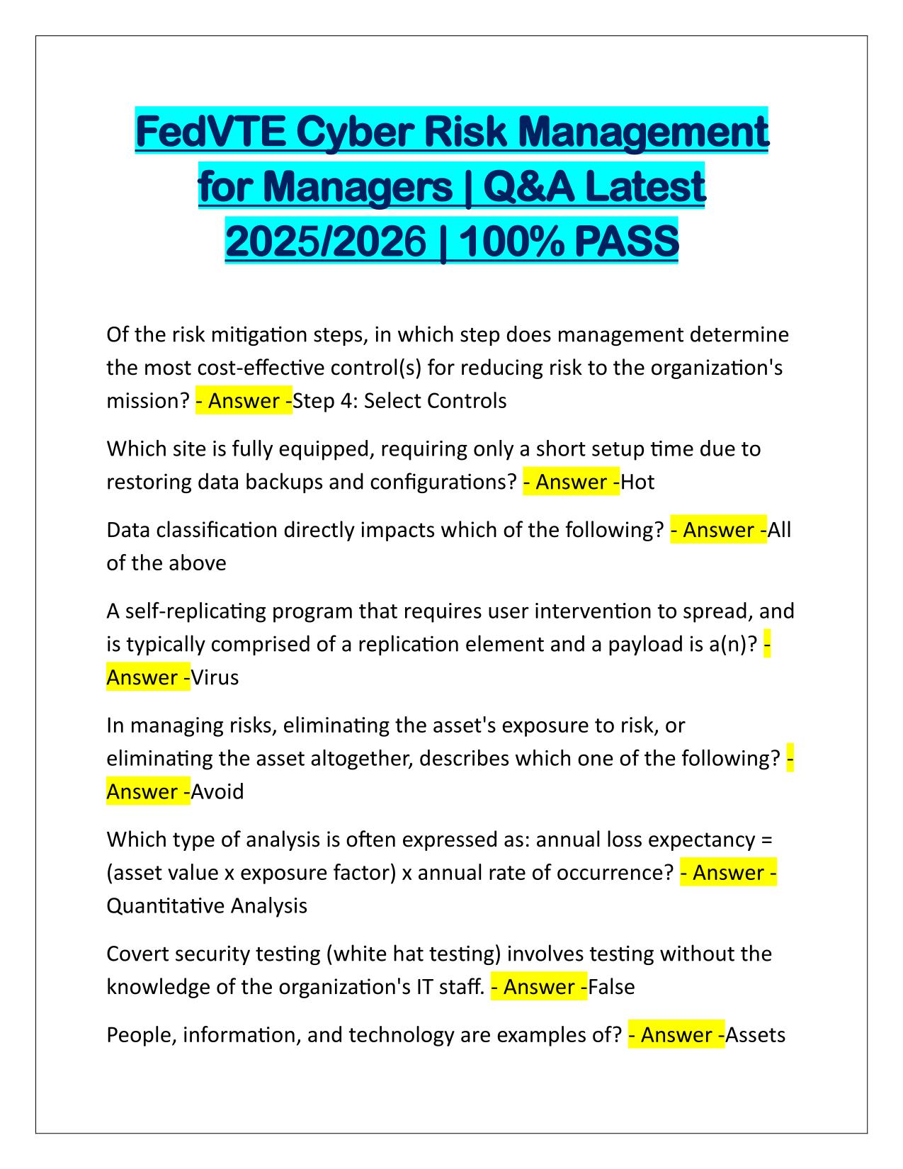 FedVTE Cyber Risk Management for Managers Correctly Answered Latest Update