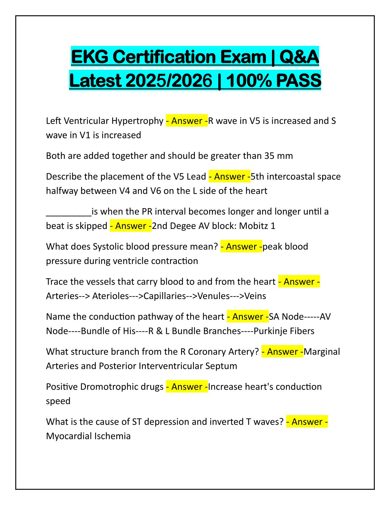 EKG Certification Exam Q&A with Correct Answers