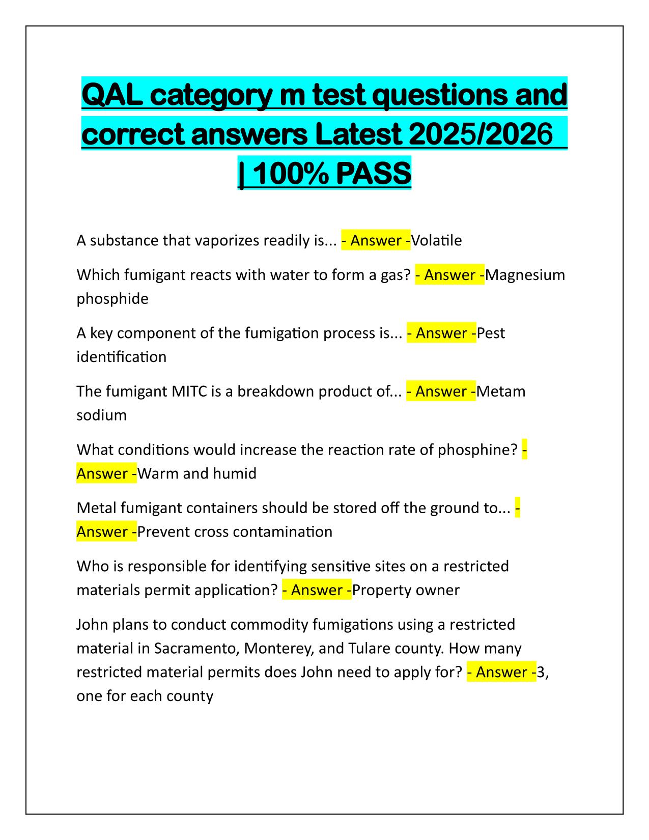 QAL category m test Questions and Correct Answers Latest Update
