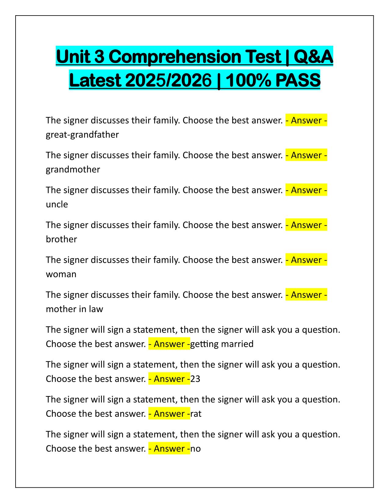 ASL Unit 3 Comprehension Test Q&A Latest Update