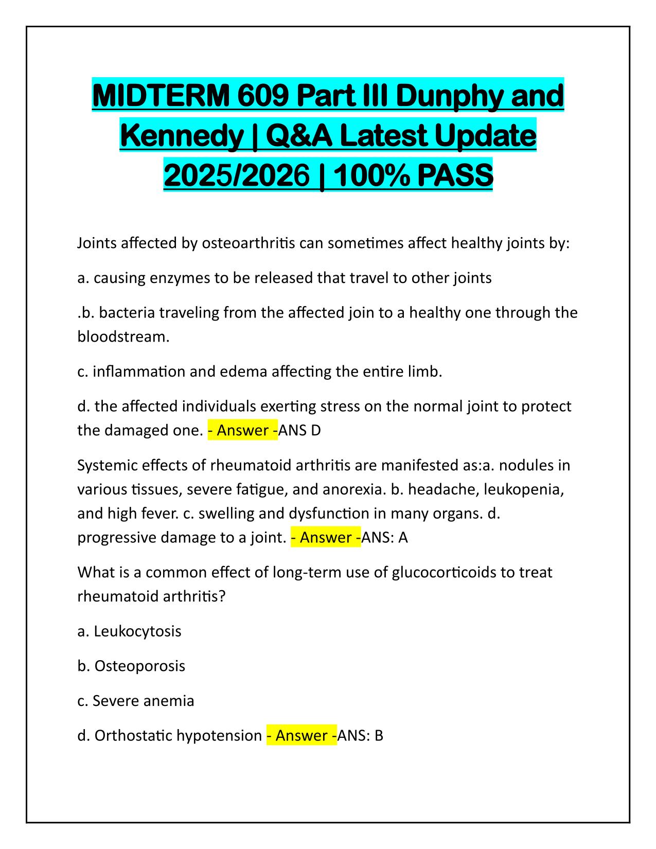 MIDTERM 609 Part III Dunphy and Kennedy Q&A Latest Update