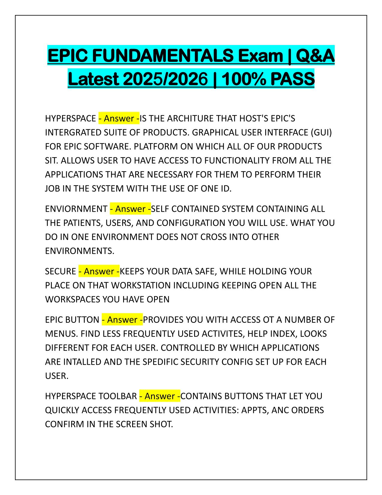 EPIC FUNDAMENTALS Exam Q&A Latest Update 2025