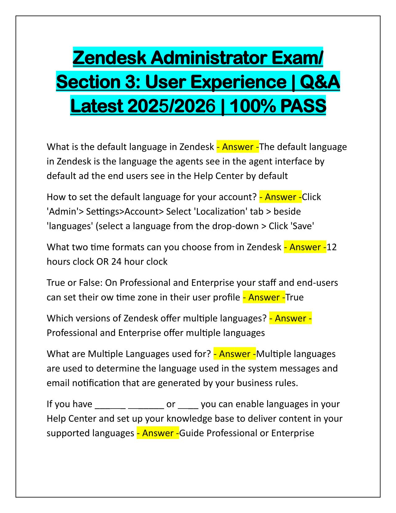 Zendesk Administrator Exam Section 3: User Experience  Q&A Latest Update 2025