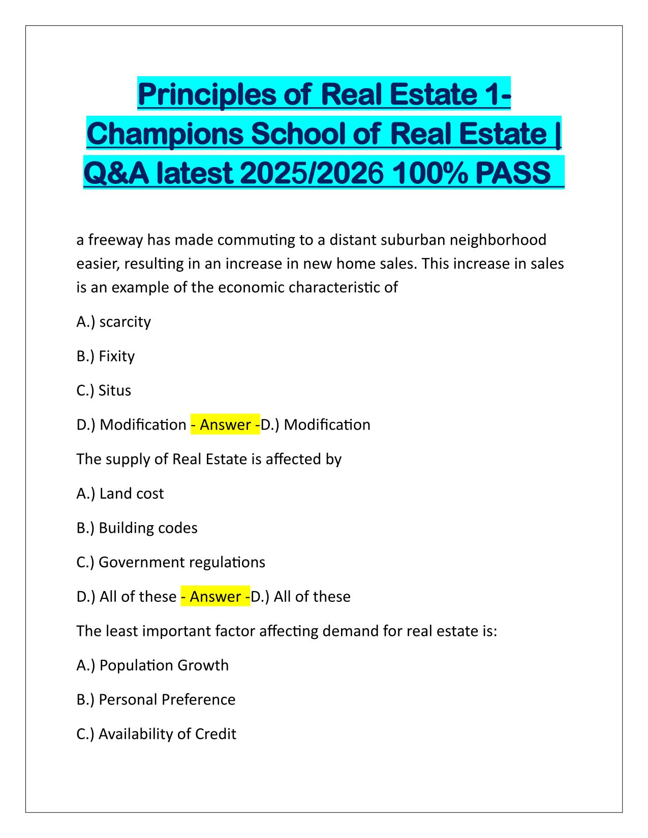 Principles of Real Estate 1-Champions School of Real Estate Q&A Latest Update