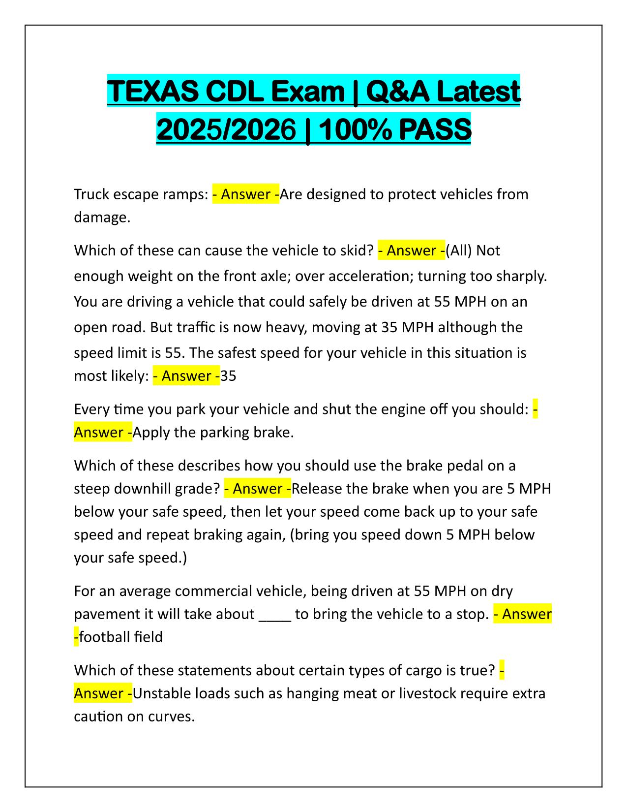 TEXAS CDL Exam Questions and Answers Latest 2025-2026 Update