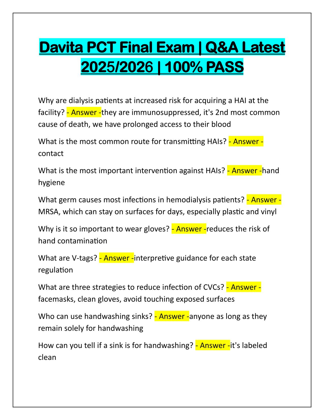 Davita PCT Final Exam Q&A Latest Update