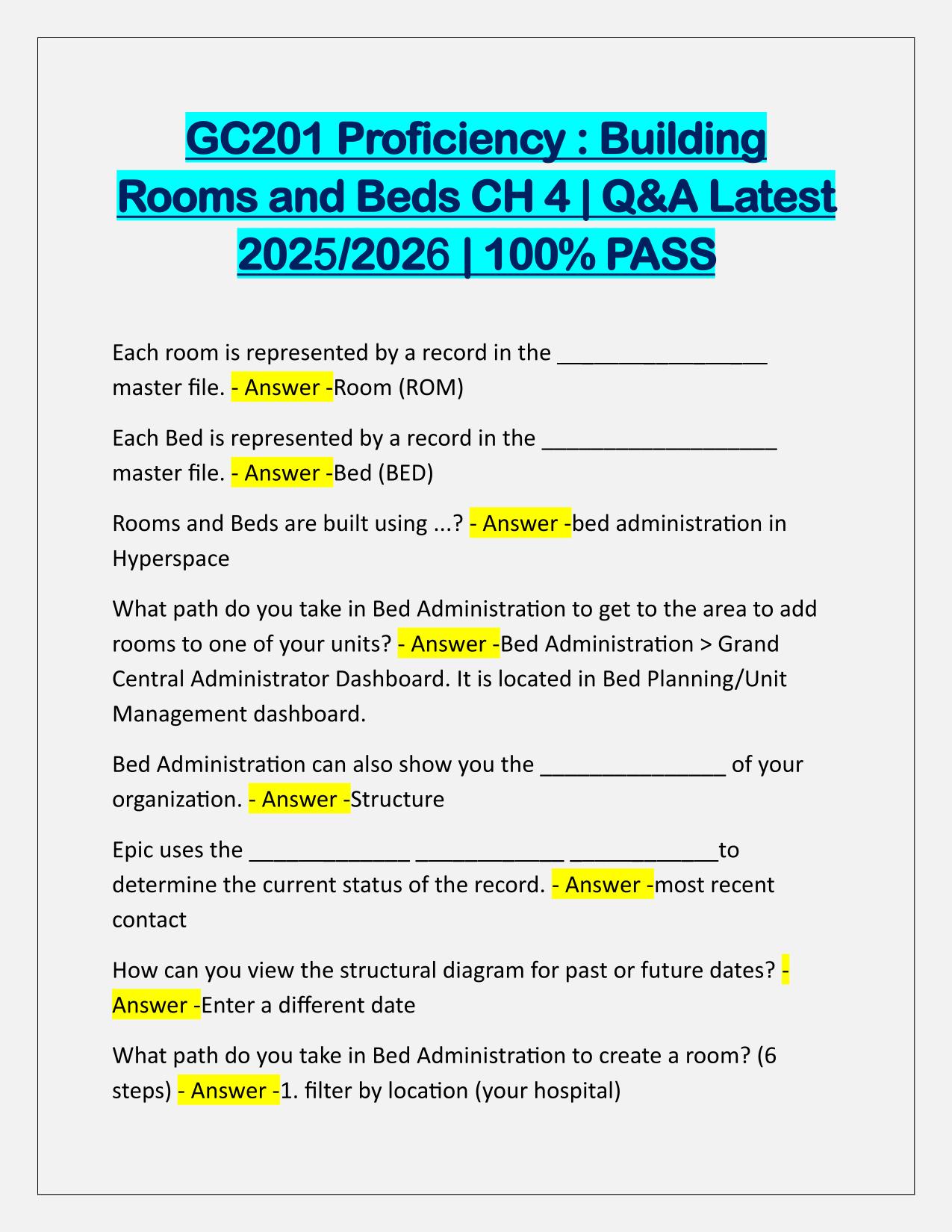 GC201 Proficiency, Building Rooms and Beds CH 4 Q&A Latest Update