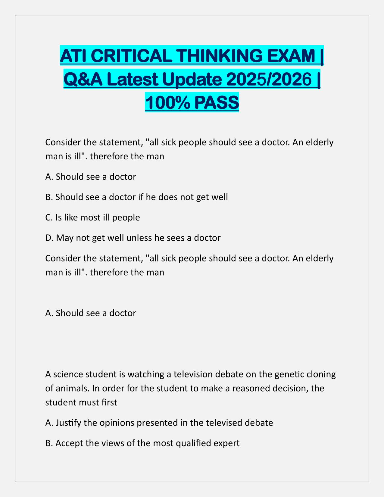 Bundle for ATI Critical Thinking EXAMS Q&A Latest Update