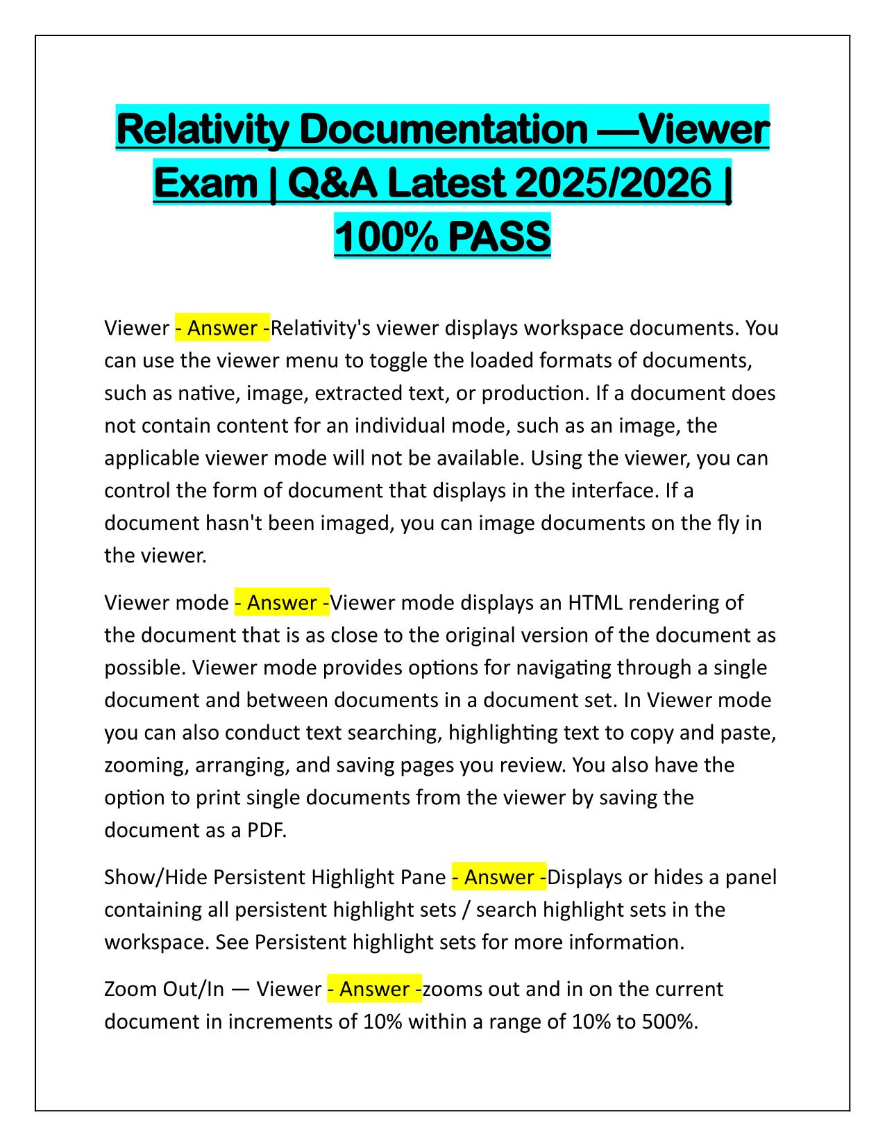 Relativity Documentation-Viewer Exam Correctly Answered 2025