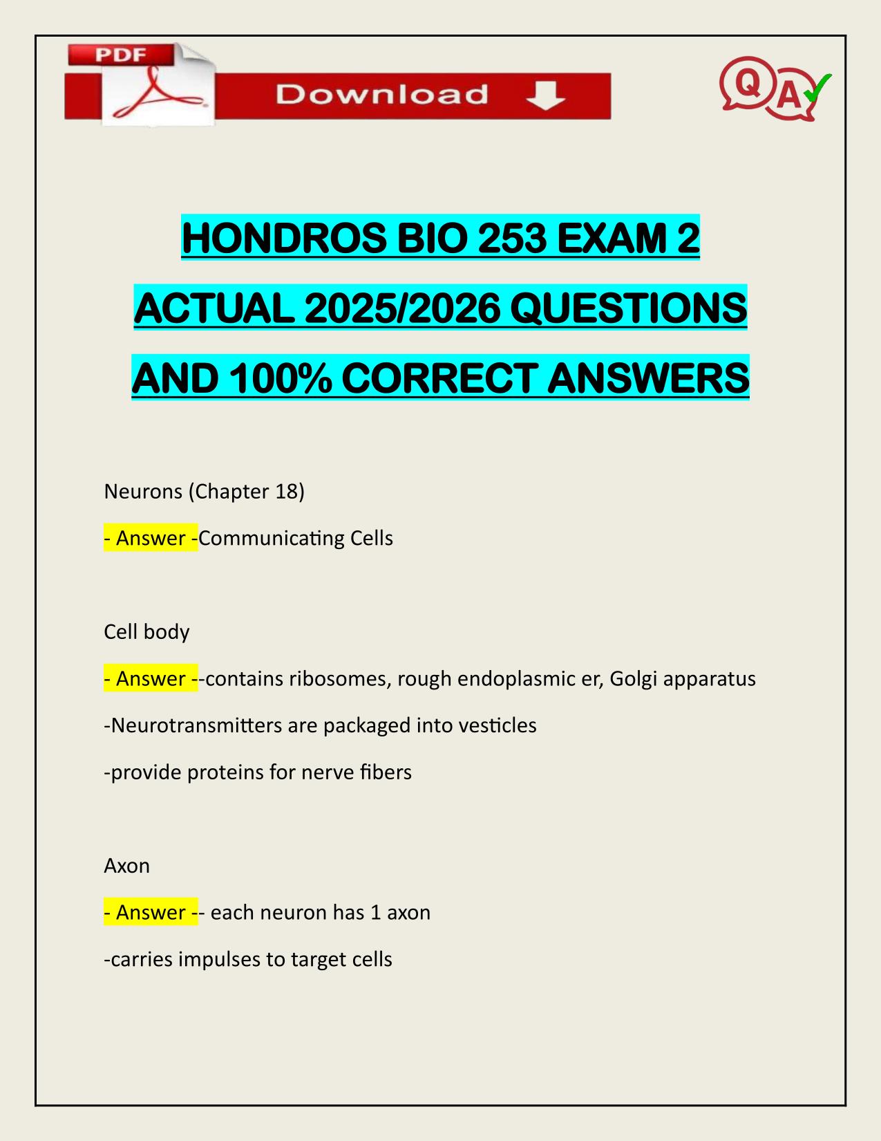 HONDROS BIO 253 EXAM 2 ACTUAL 2025/2026 UPDATE