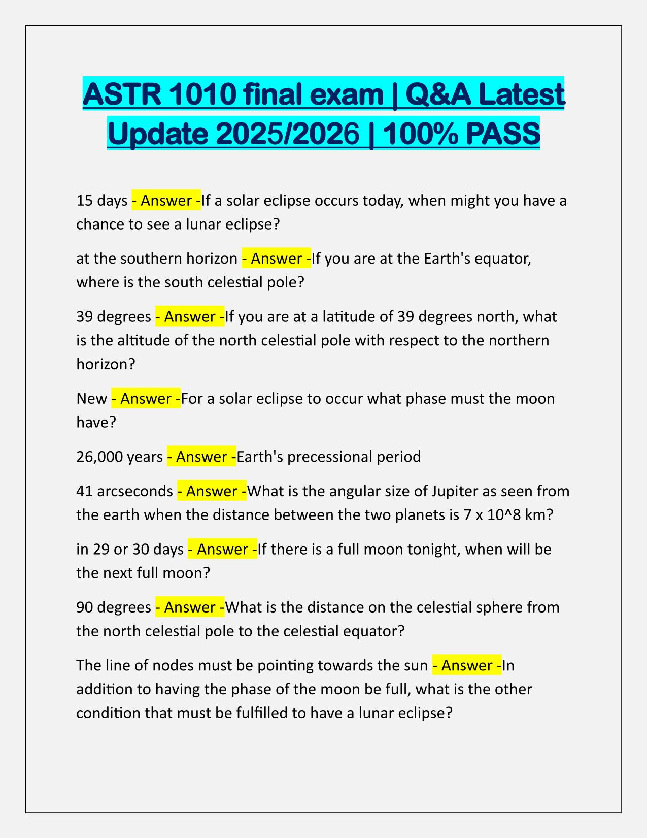 ASTR 1010 final exam Q&A Latest Update