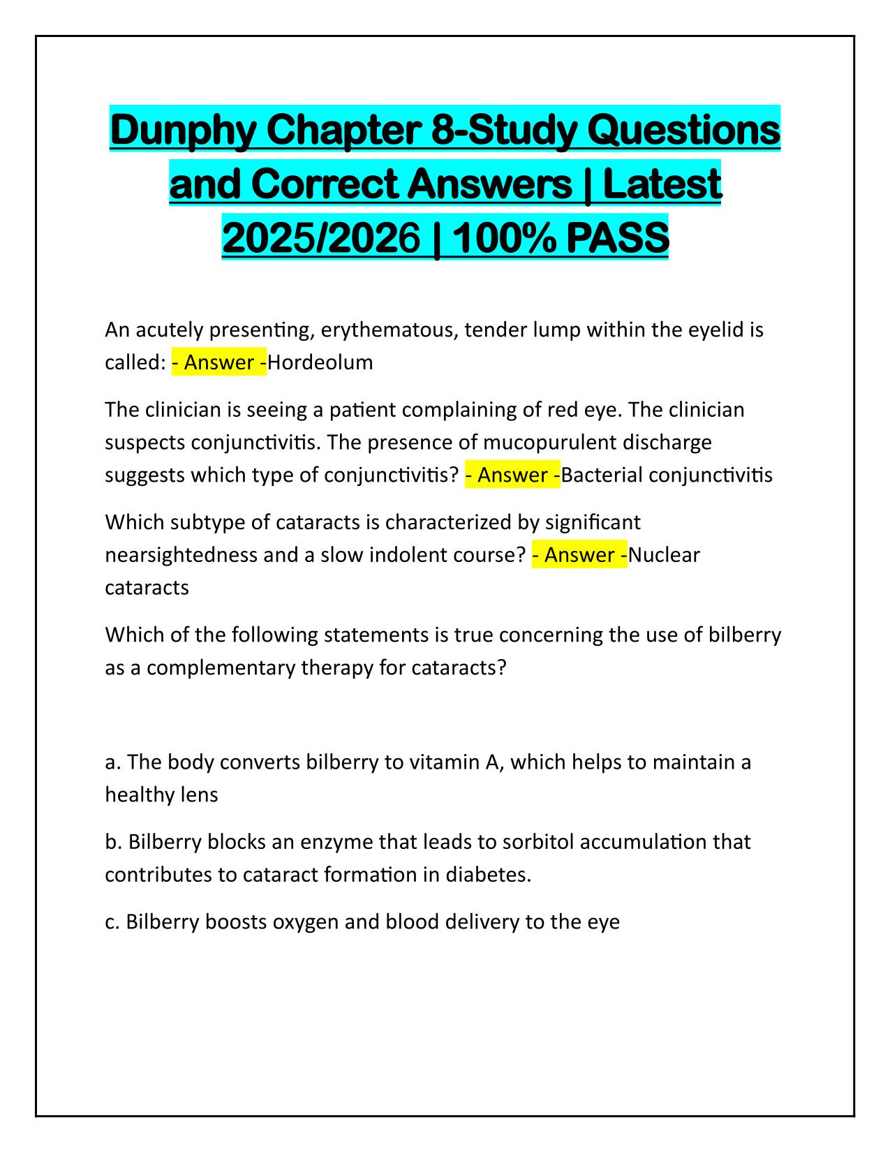 Dunphy Chapter 8-Study Questions and Correct Answers