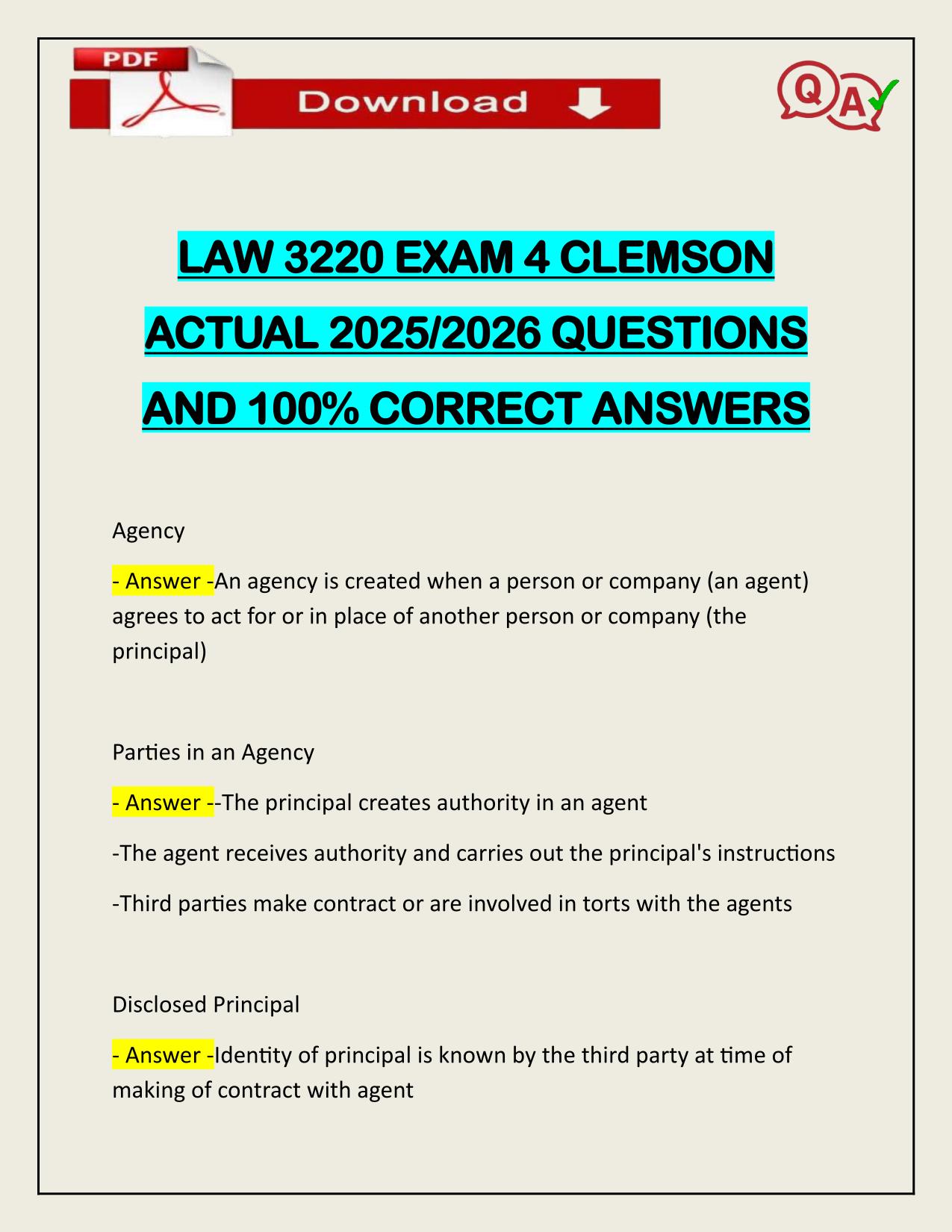LAW 3220 EXAM 4 CLEMSON ACTUAL 2025/2026 WITH CORRECT ANSWERS