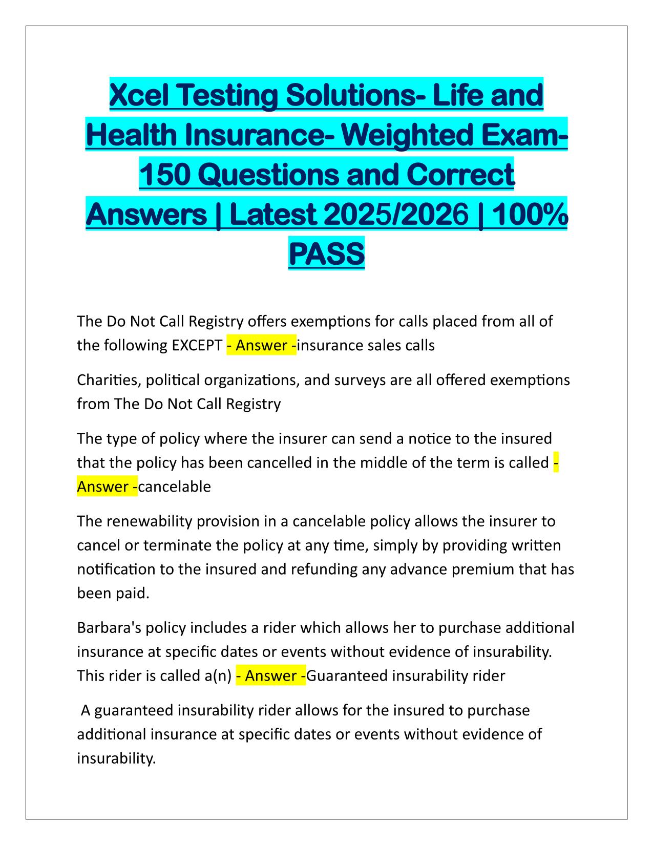 Xcel Testing Solutions-Life and Health Insurance Weighted Exam 150 Qs and Correct Answers Latest Update