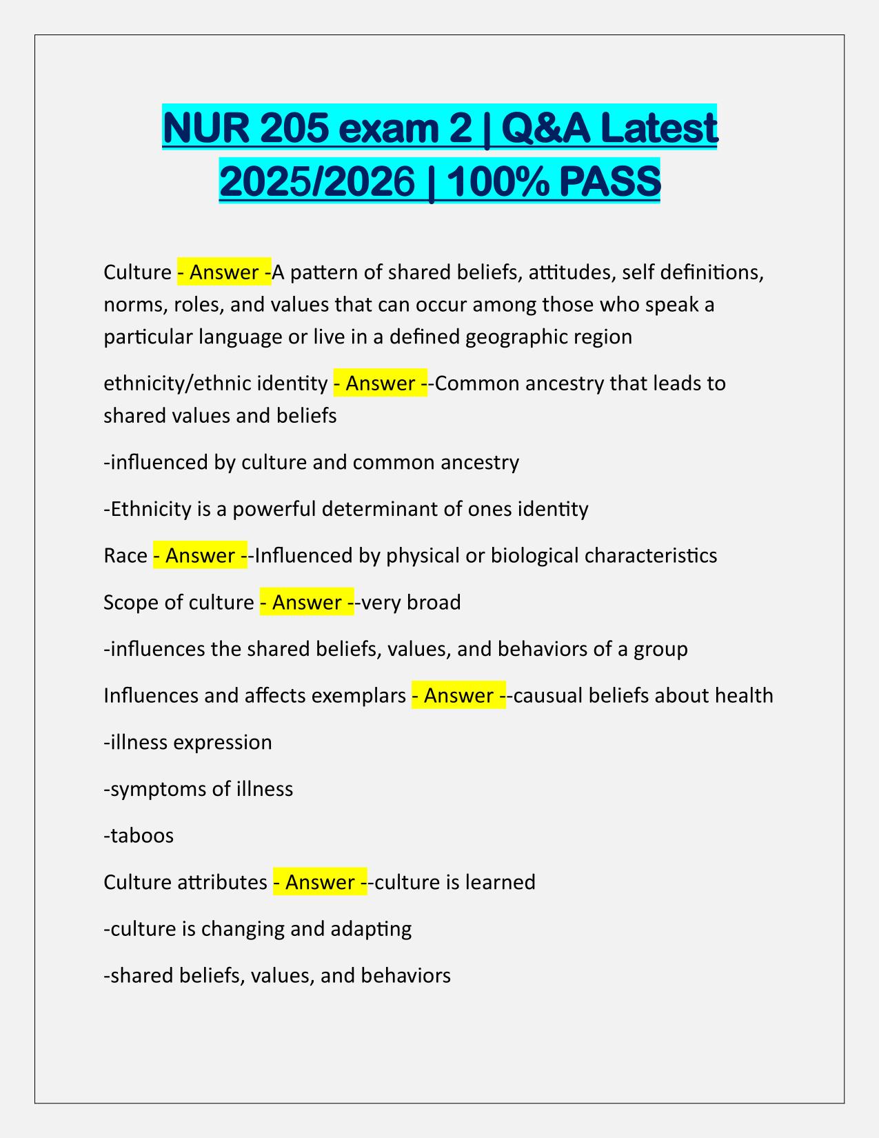 NUR 205 exam 2 Q&A Latest Update
