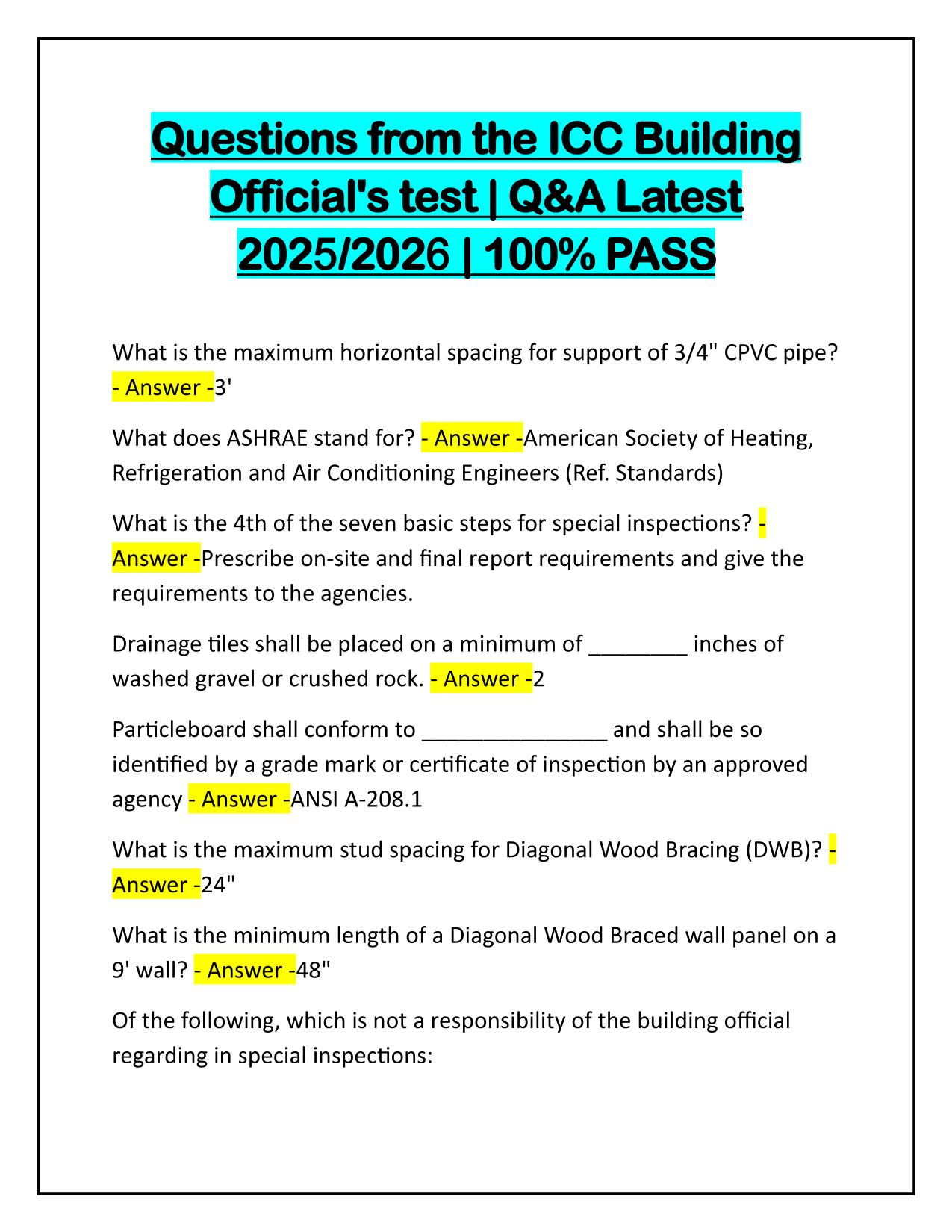 Questions from the ICC Building Officials Test Correctly Answered 100% PASS