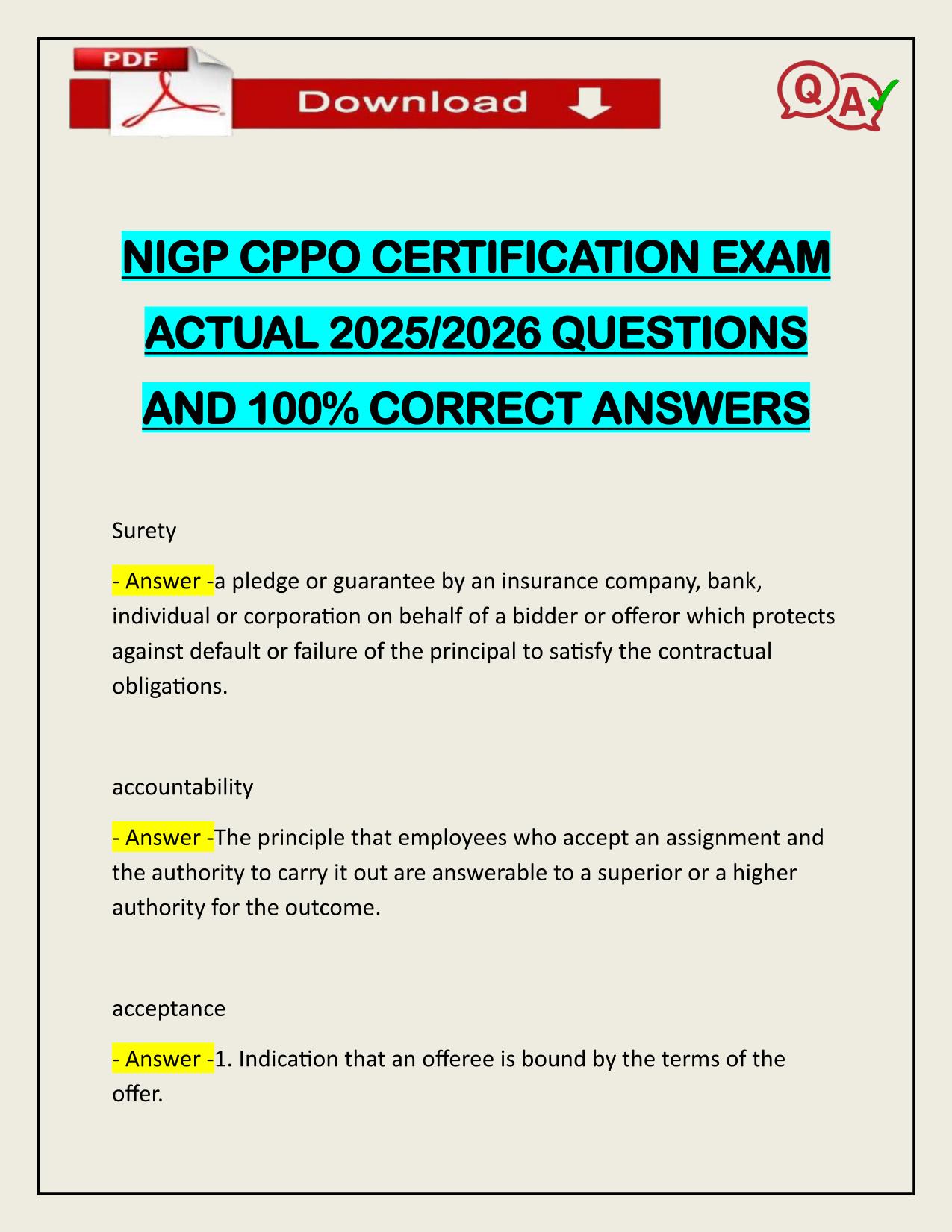 NIGP CPPO CERTIFICATION EXAM ACTUAL 2025/2026 QUESTIONS AND 100% CORRECT ANSWERS