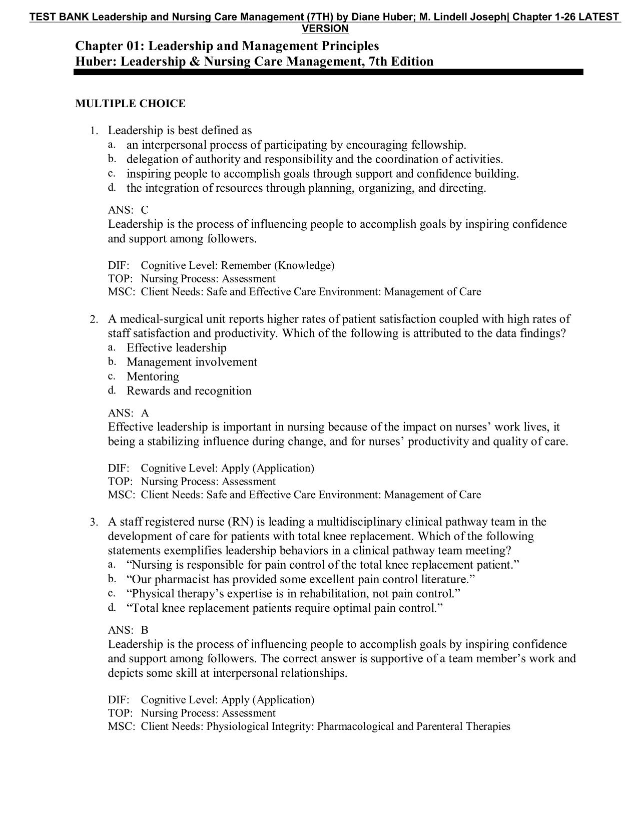TEST BANK Leadership and Nursing Care Management 7th Edition by Diane Huber Latest 2025/2026 PDF Download
