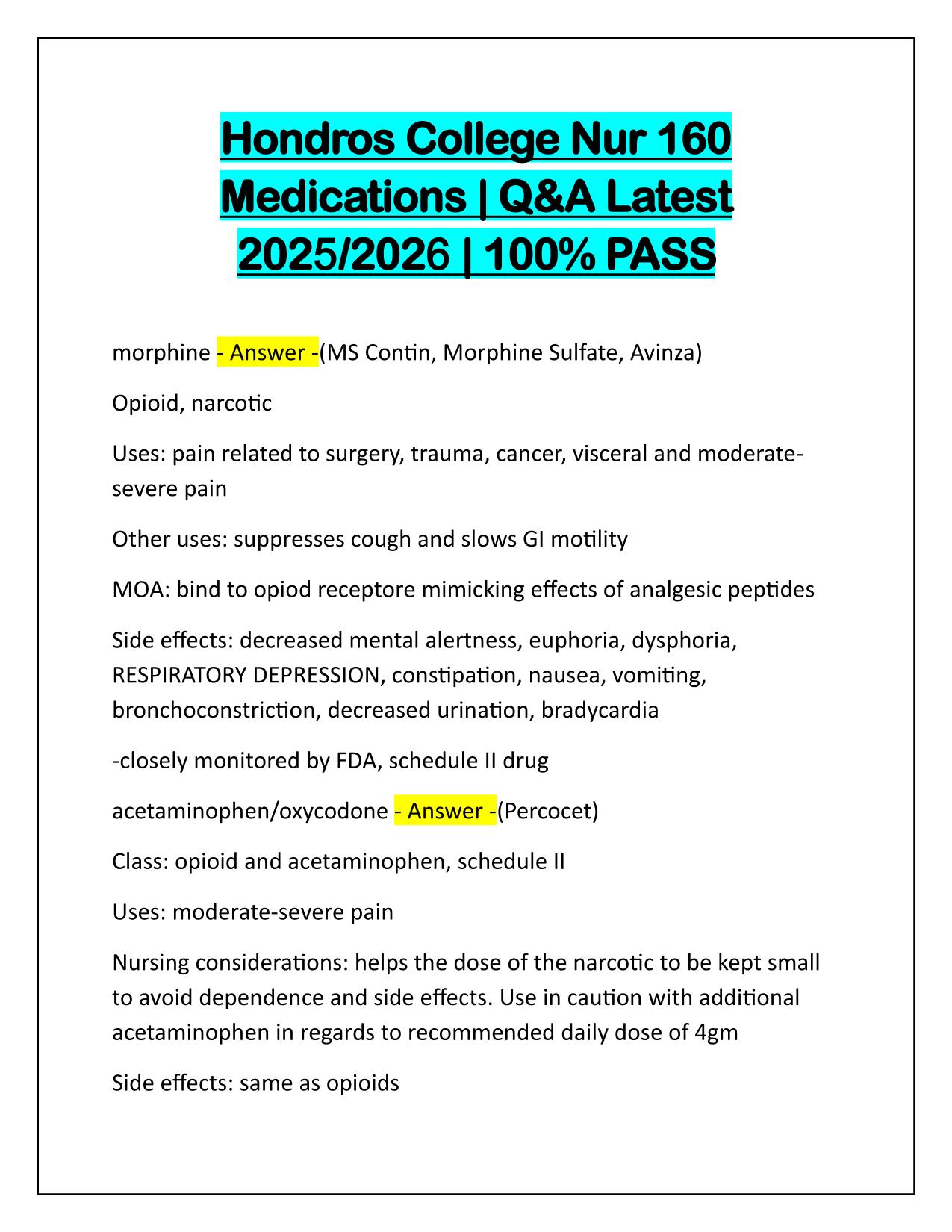 Hondros College Nur 160 Medications Q&A Latest Update 2025-2026