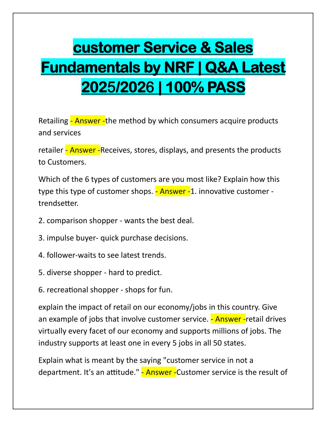 Customer Service and Sales Fundamentals by NRF Q&A Latest Update