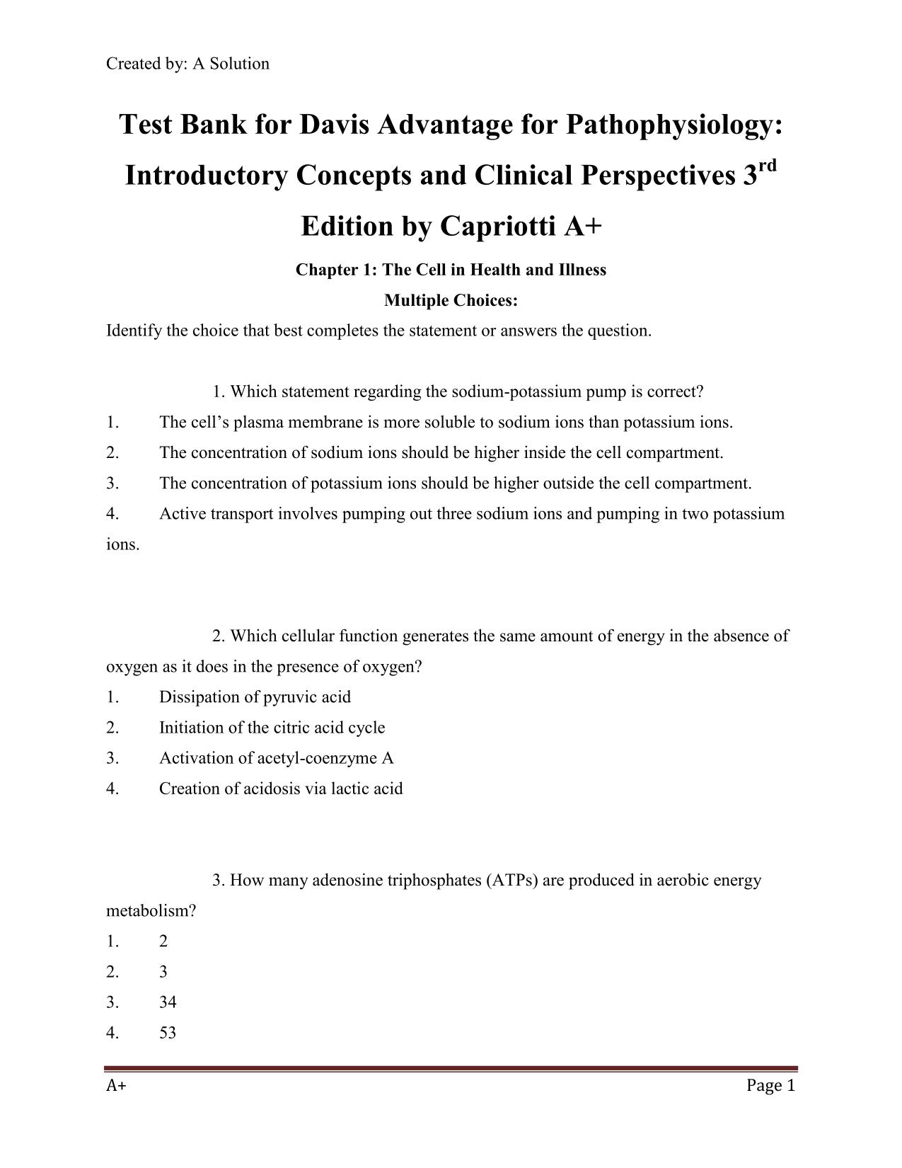 Test Bank for Davis Advantage for Pathophysiology: Introductory Concepts and Clinical Perspectives 3rd Edition by Capriotti ISBN: 9781719648592