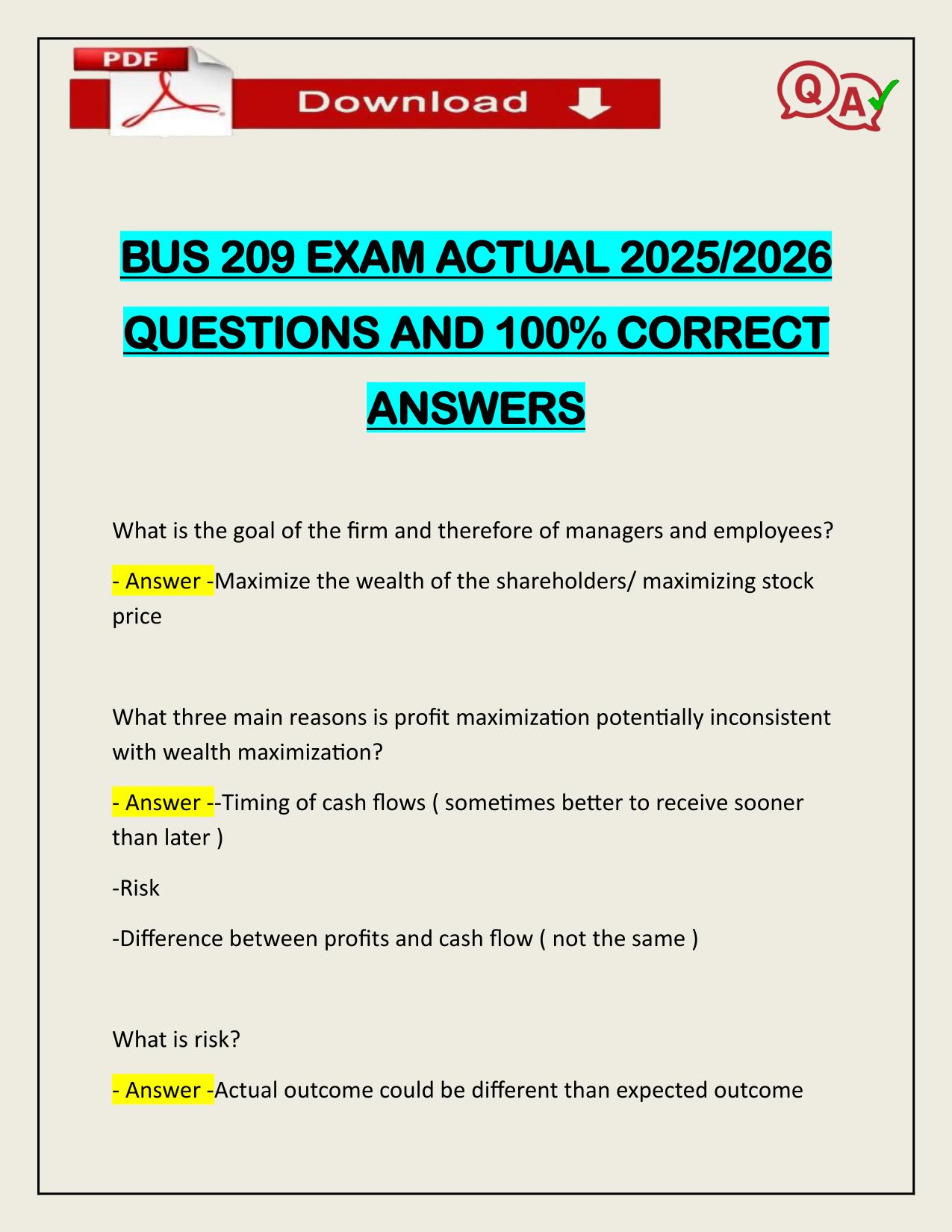 BUS 209 EXAM ACTUAL 2025/2026 QUESTIONS AND 100% CORRECT ANSWERS