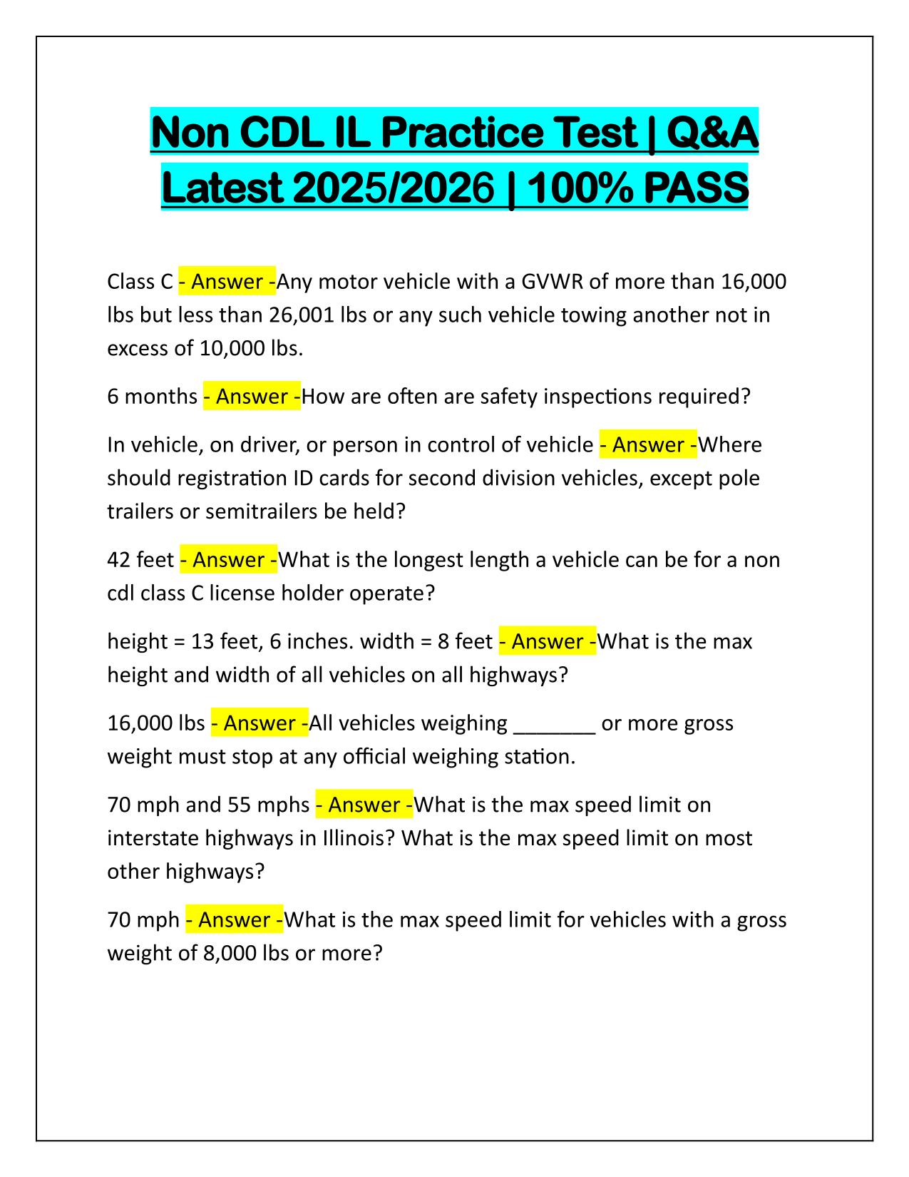 Non CDL IL Practice Test Correctly Answered Latest Update
