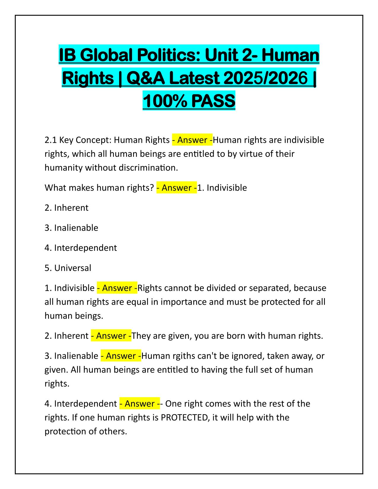 IB Global Politics Unit 2-Human Rights Correctly Answered Latest Update 2025