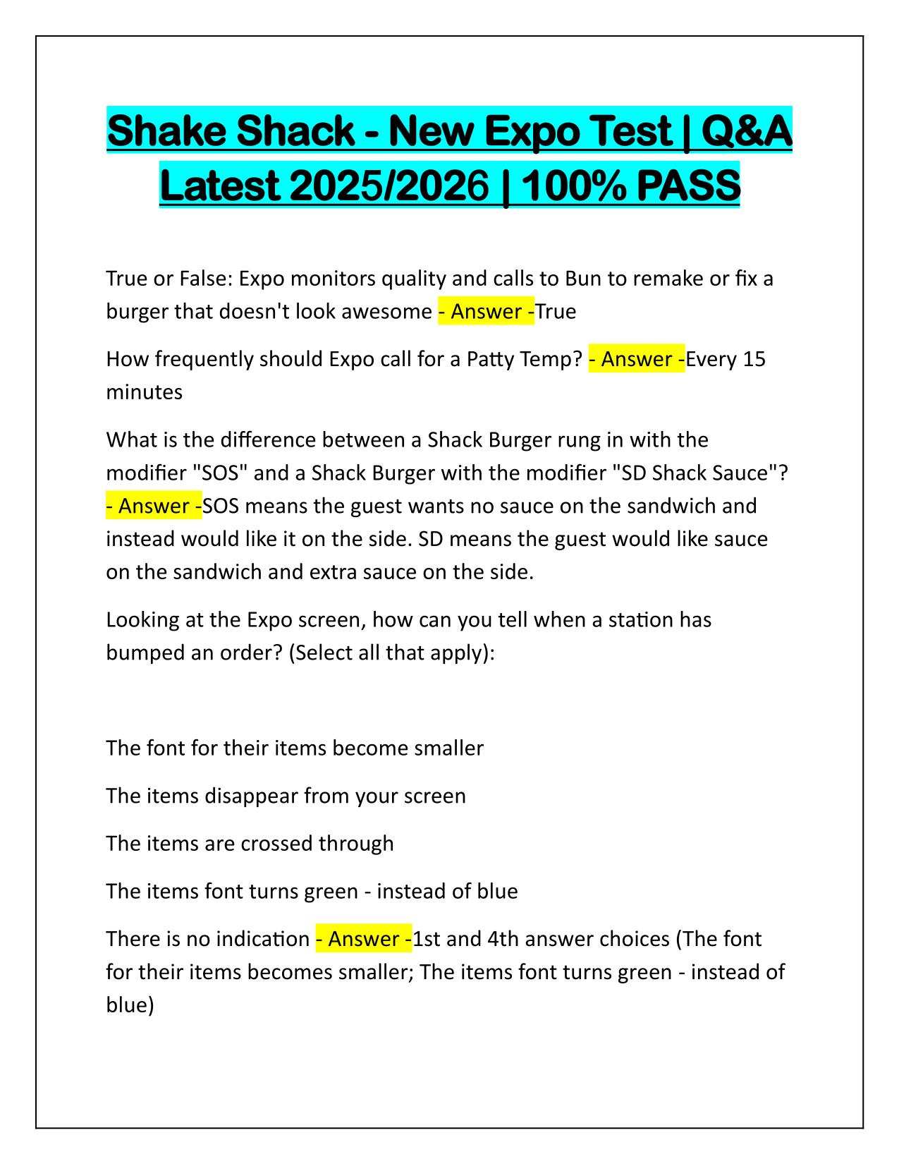 Shake Shack-New Expo Test Correctly Answered Latest Update