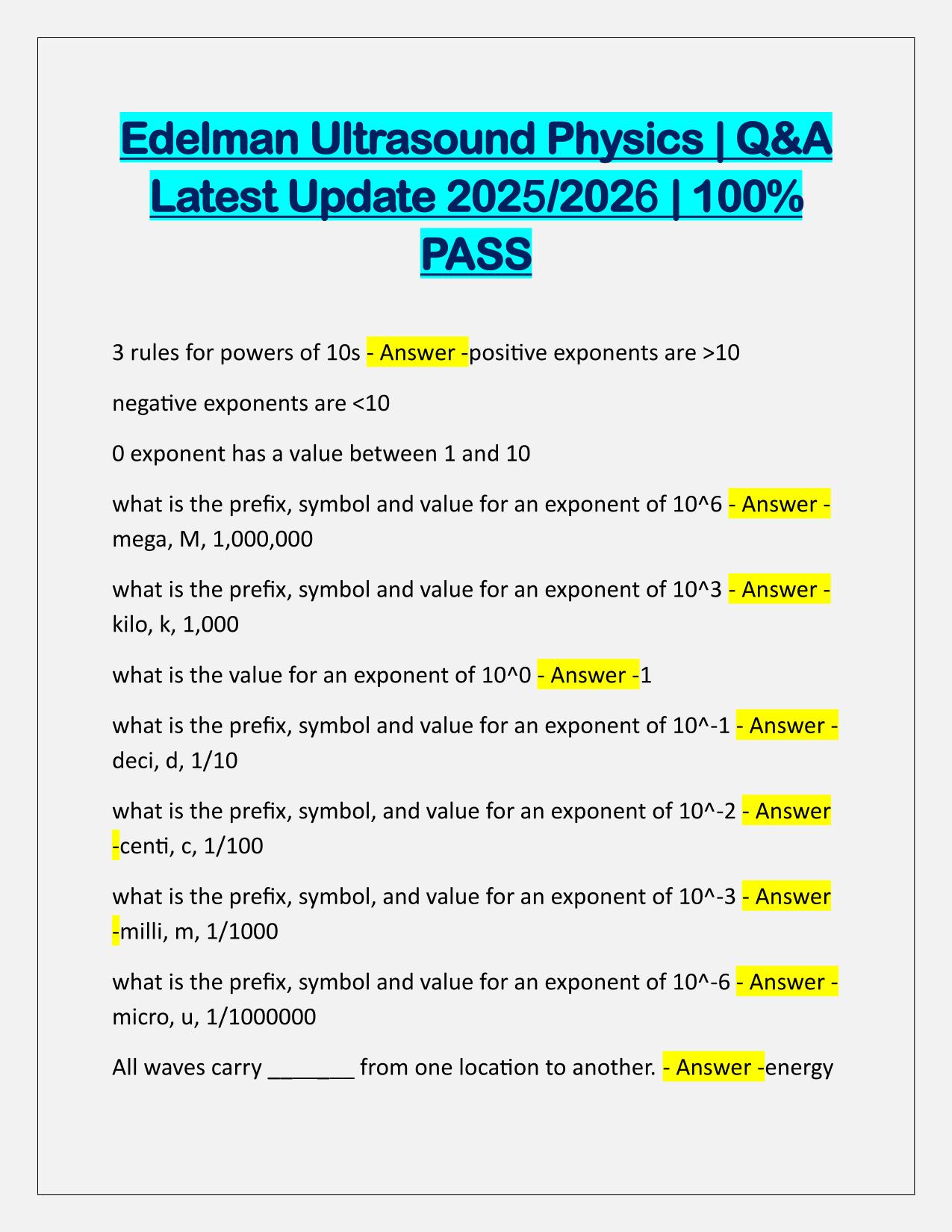 Edelman Ultrasound Physics EXAM Q&A Latest Update