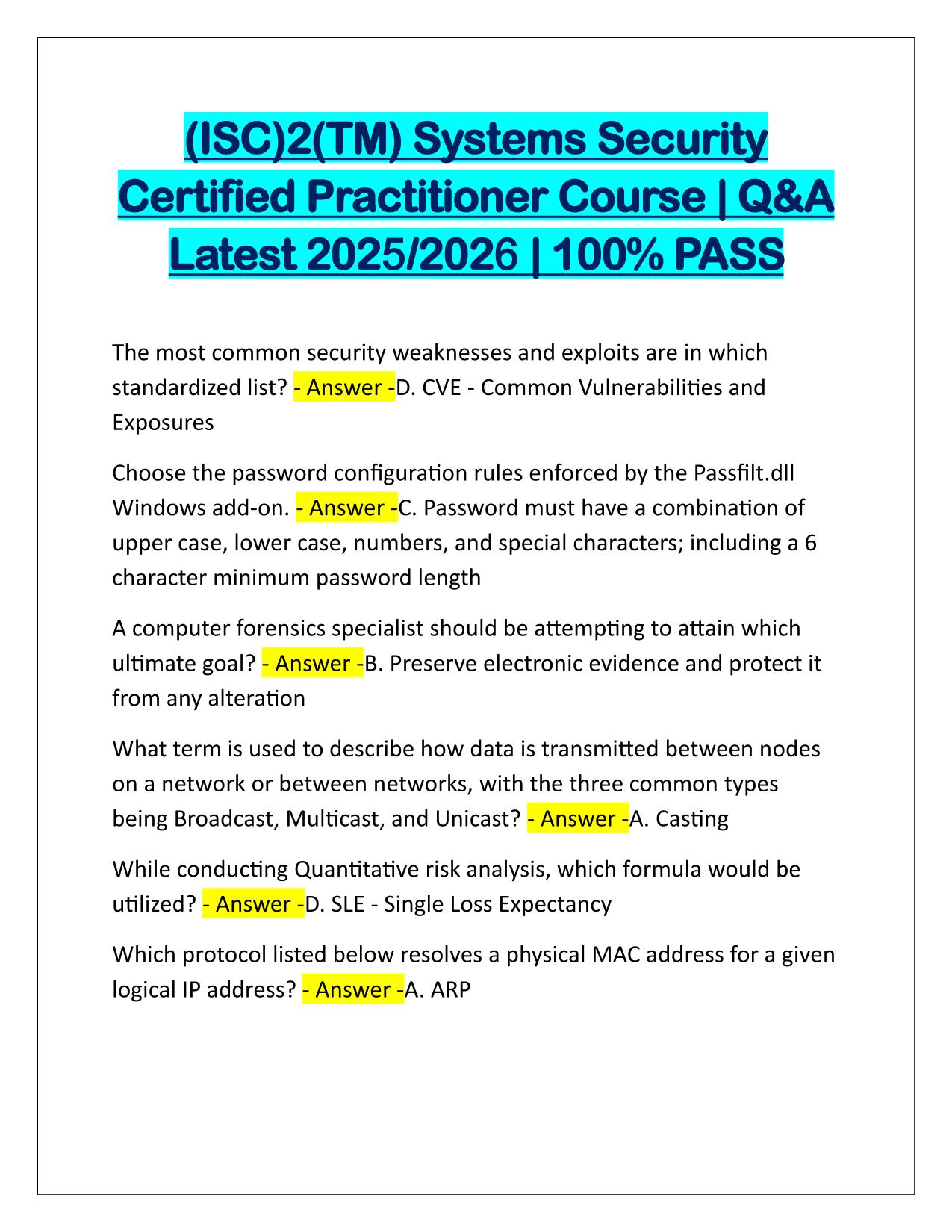 (ISC)2(TM) Systems Security Certified Practitioner Course Q&A Latest Update