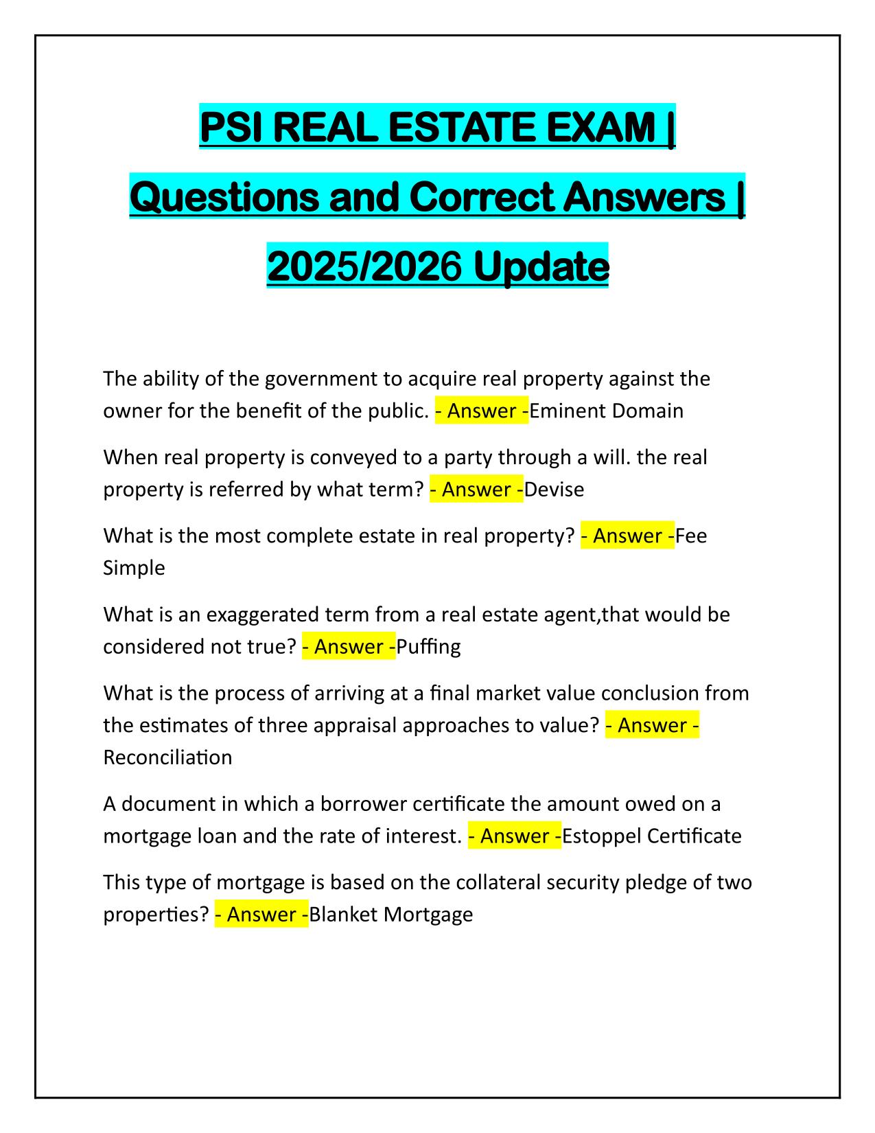 PSI REAL ESTATE EXAM Q&A Latest Update 100% PASS
