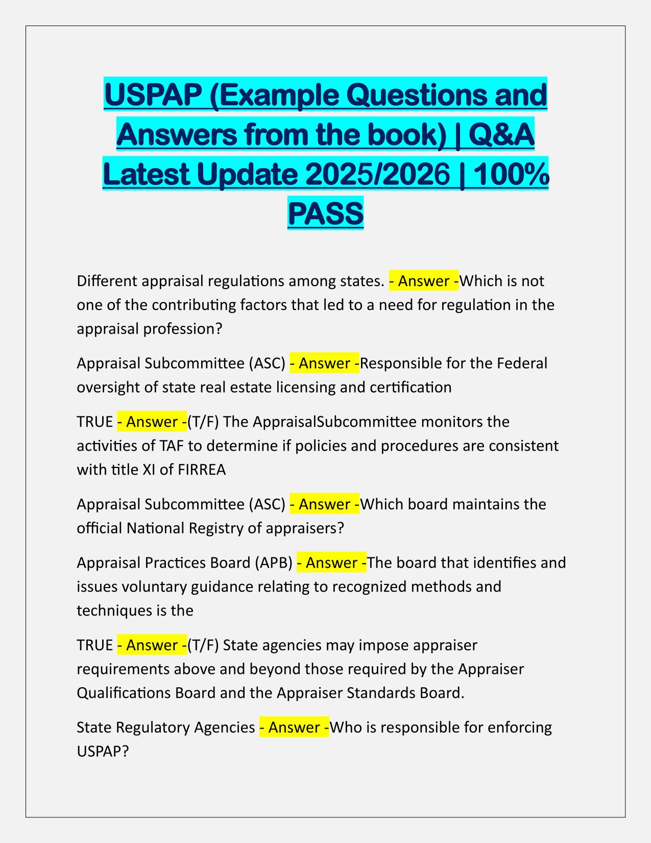 USPAP (Example Questions and Answers from the book) Latest Update