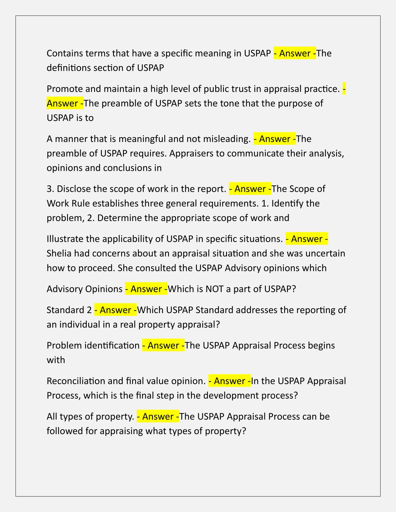 USPAP (Example Questions and Answers from the book) Latest Update